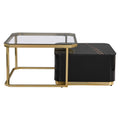 Modern 2 Pieces Black Square Nesting Coffee Table With Drawers & Electroplated Gold Legs In 27.6'' Golden Black Drawers Coffee & End Tables Glossy Square Mdf Glass Mdf Pedestal