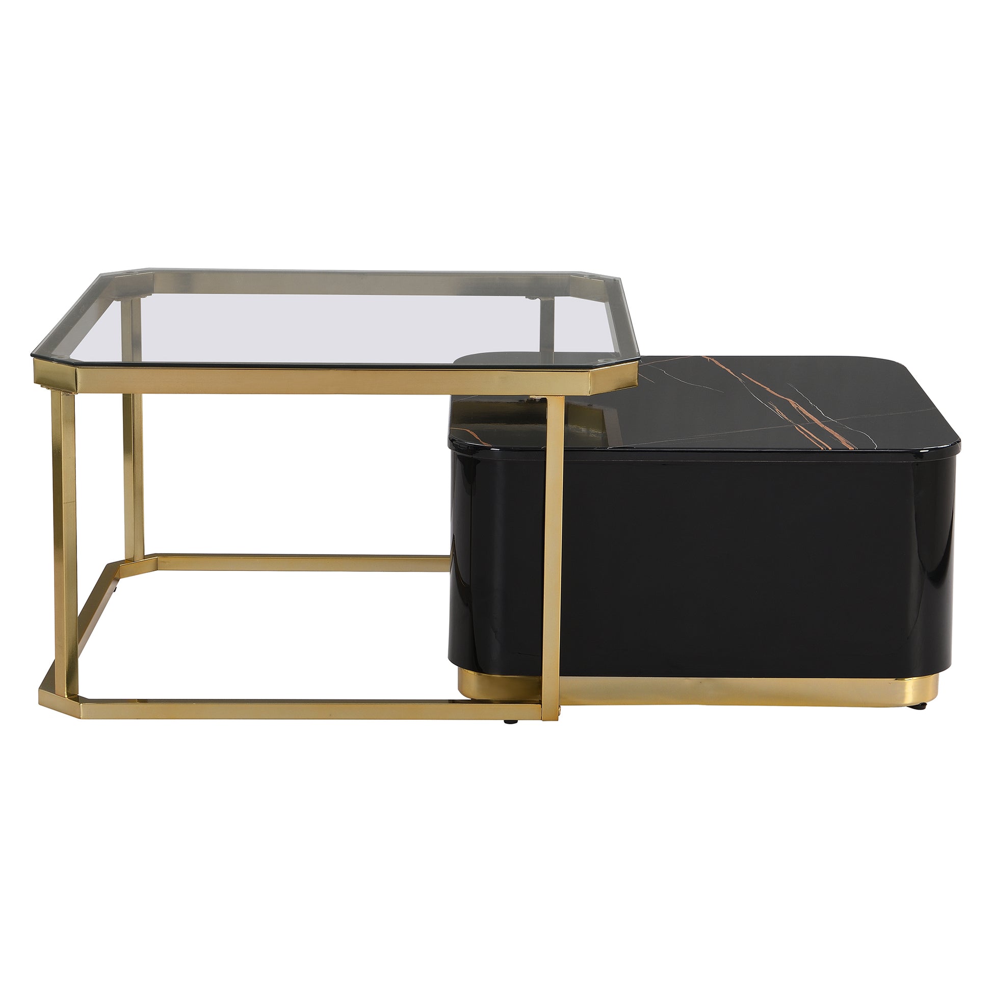 Modern 2 Pieces Black Square Nesting Coffee Table With Drawers & Electroplated Gold Legs In 27.6'' Golden Black Drawers Coffee & End Tables Glossy Square Mdf Glass Mdf Pedestal