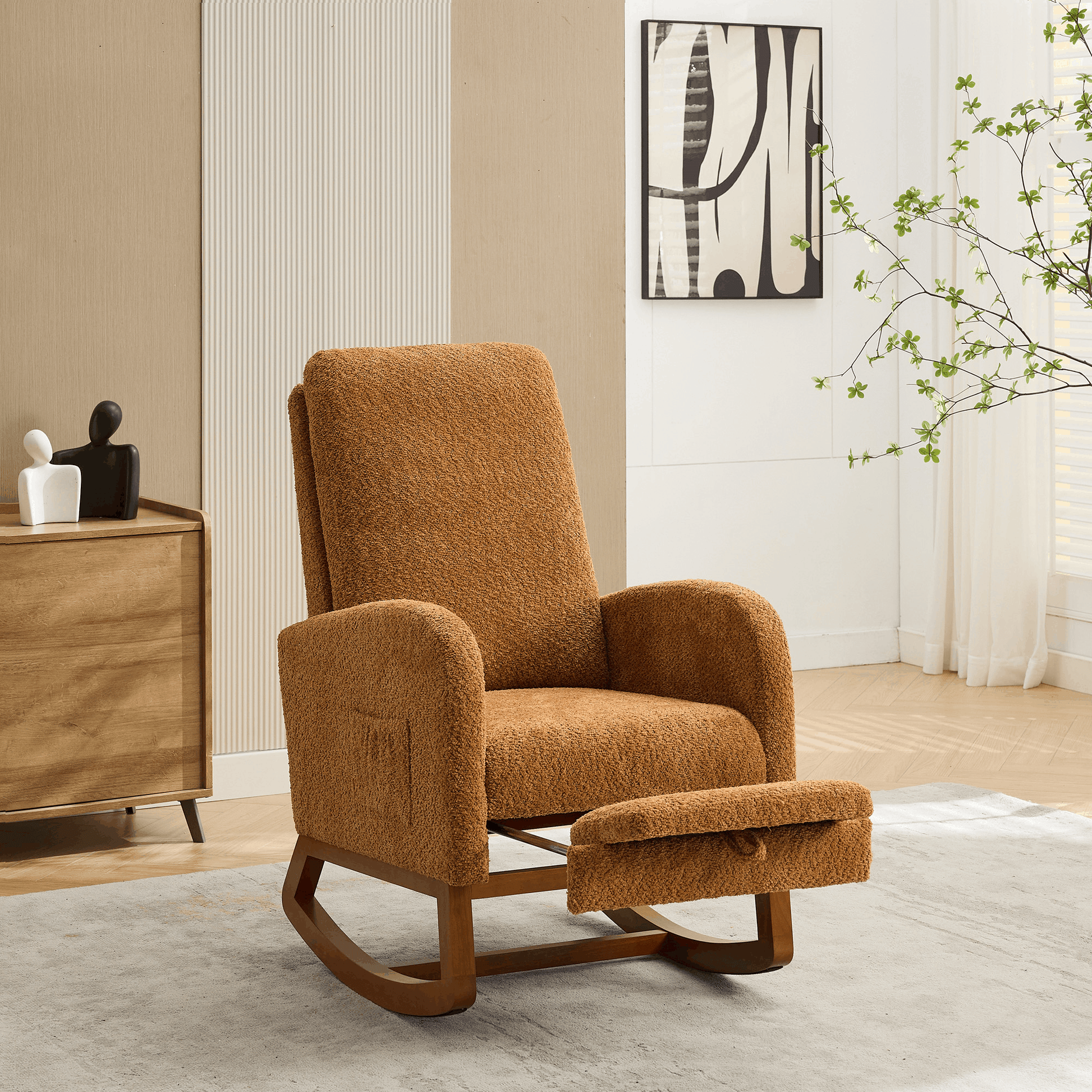 25.4 W Rocking Chair for Nursery High Back Glider Chair with Retractable Footrest Side Pocket Rocking Accent Armchair with Rubber Wood Legs for