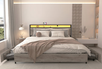 King Bed Frame, Storage Headboard With Charging Station, Solid And Stable, Noise Free, No Box Spring Needed, Easy Assembly Box Spring Not Required King Antique Gray Metal Bedroom Bed Frame Mdf Metal