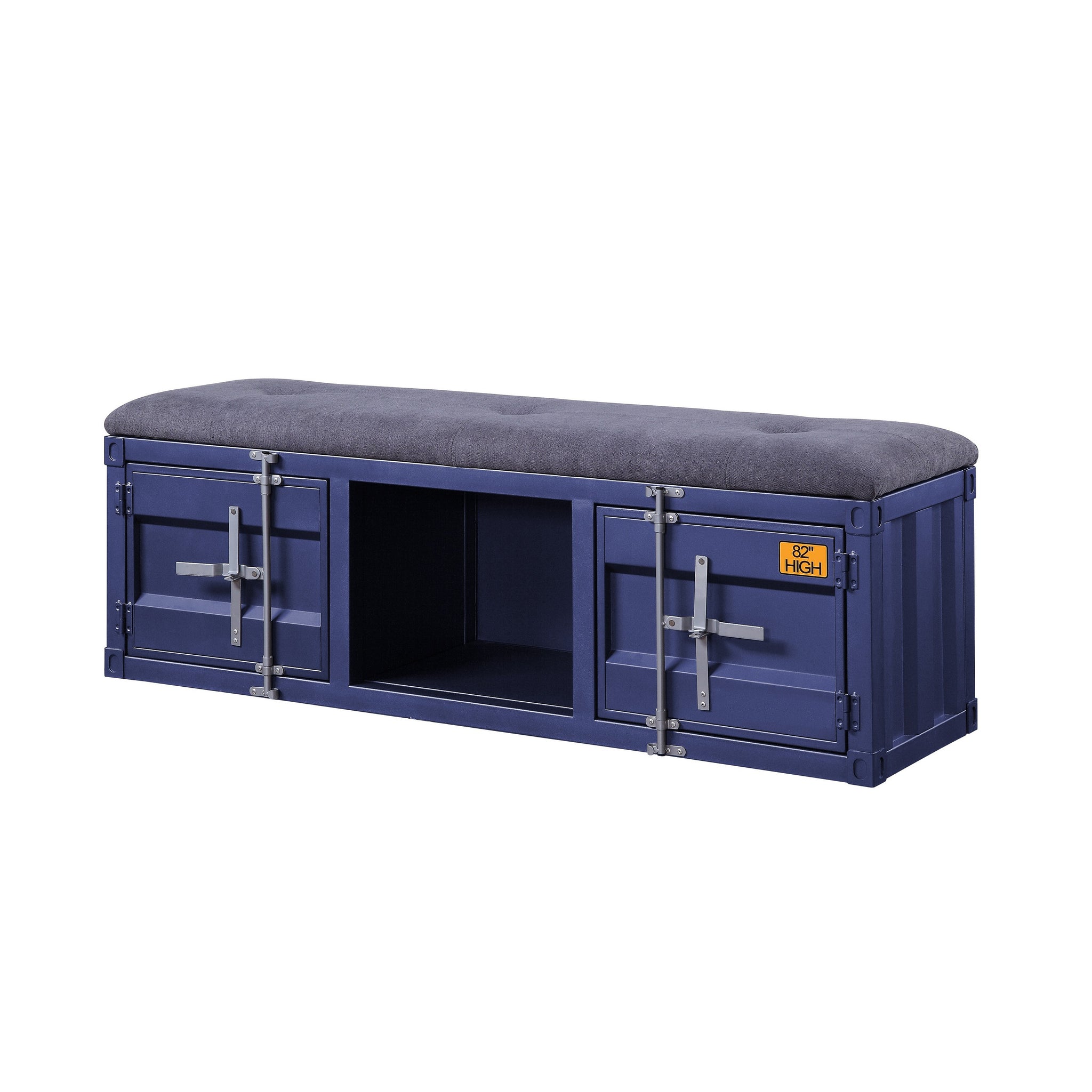 Industrial Metal And Fabric Bench With Open Storage, Blue And Gray Blue Grey Fabric Metal