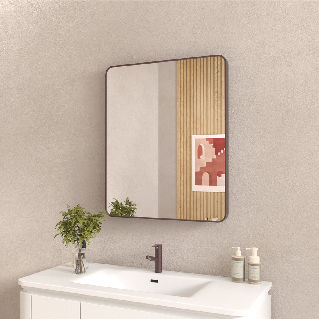 30X36 In. Aluminum Framed Rounded Rectangle Bathroom Wall Mirror, Oil Rubbed Bronze Bathroom Vanity Mirror Farmhouse, Anti Rust, Tempered Glass Mirrors, Hangs Horizontally Or Vertiy Oil Rubbed Bronze Aluminium