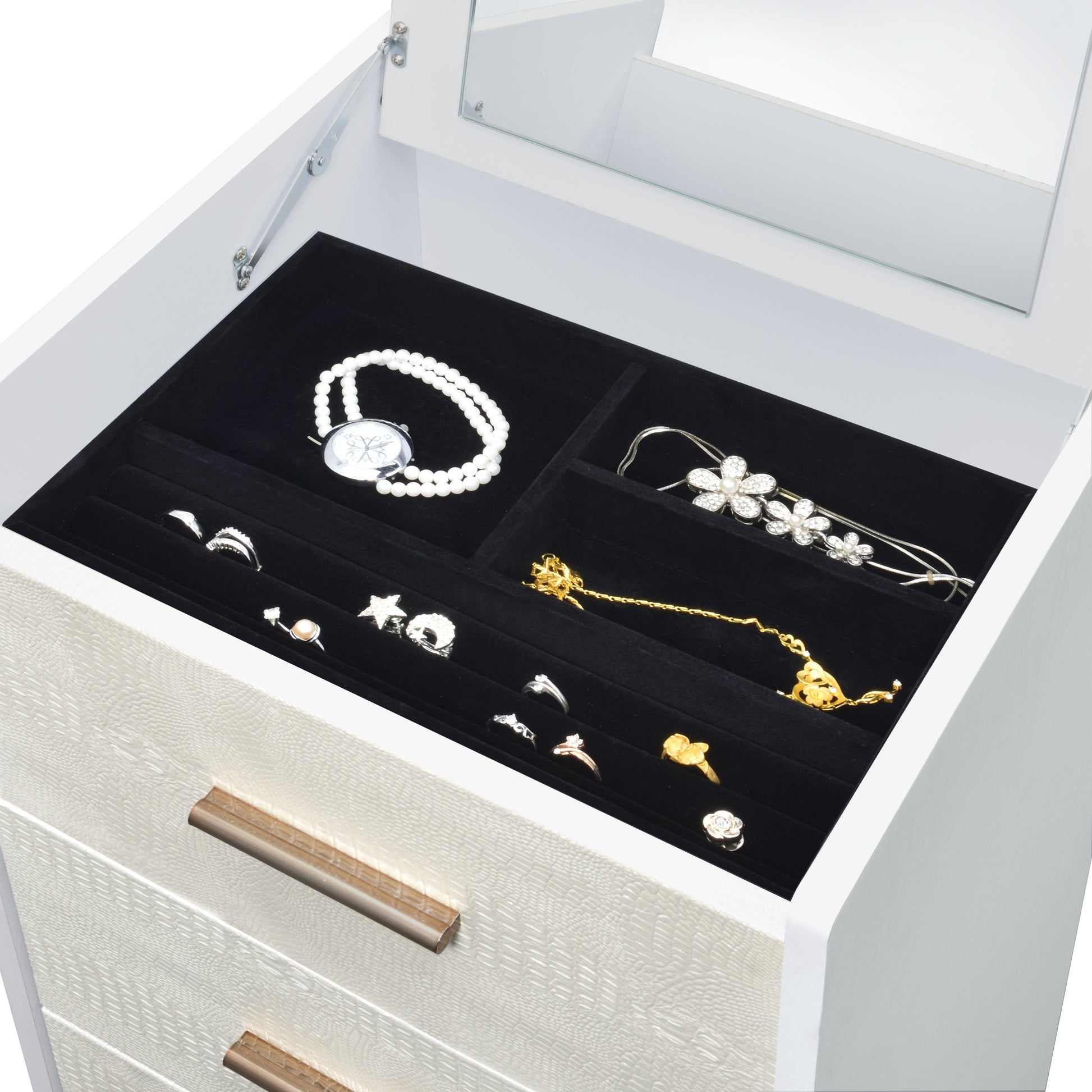 White, Champagne And Gold 4 Drawer Jewelry Armoire With Lift Top White Gold Bedroom Wood Glass