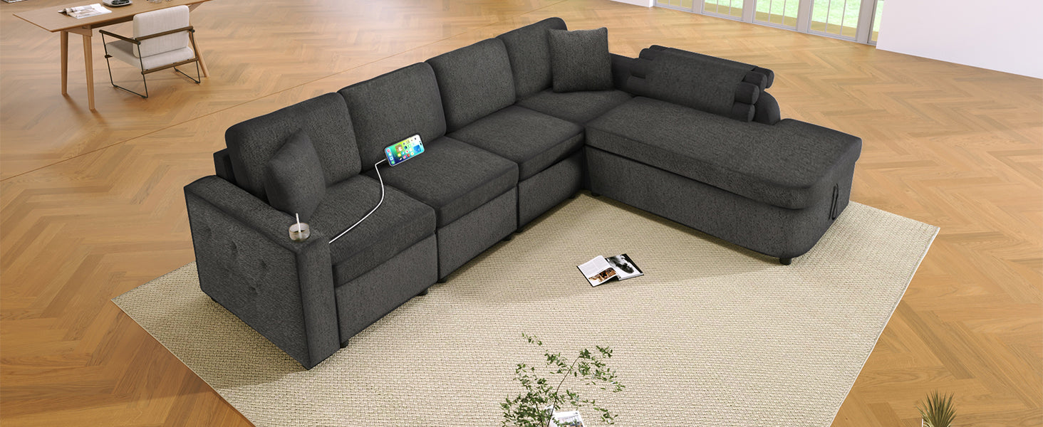 109.8"L Shaped Couch Sectional Sofa With Storage Chaise,Cup Holder And Usb Ports For Living Room, Black Black Foam Chenille 4 Seat