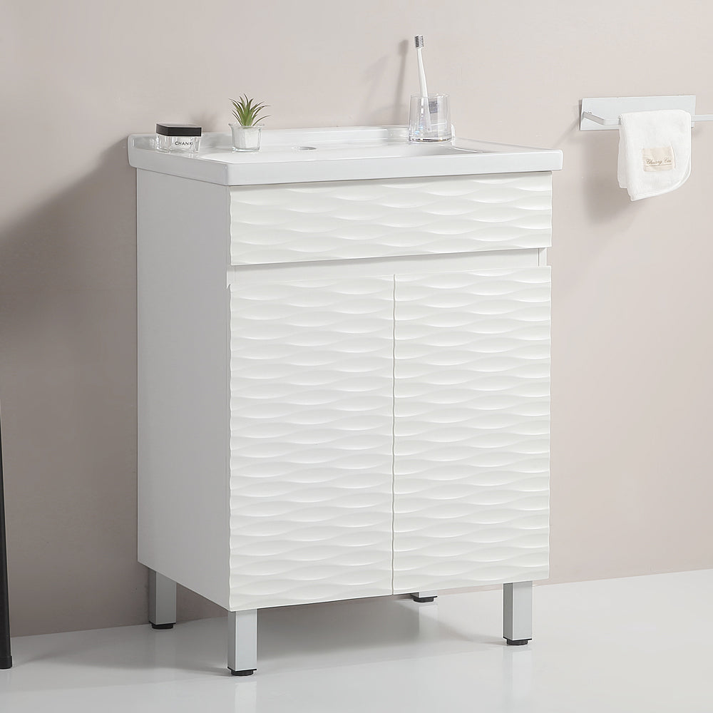 24 Inch Wavy Bathroom Cabinet With Ceramic Sink White Solid Wood