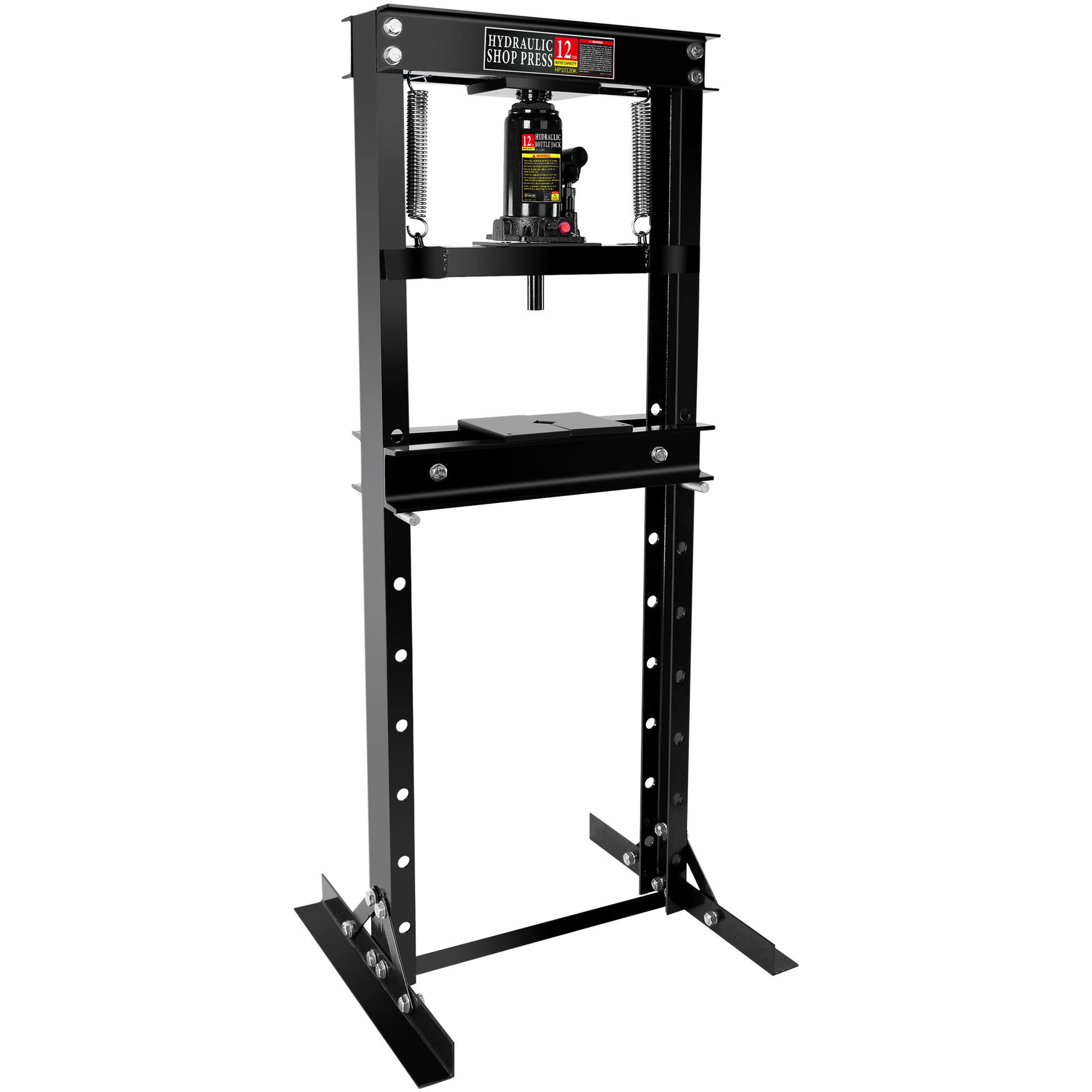 Hydraulic 12 Ton H Frame Garage Floor Adjustable Shop Press With Plates, 12T, Black Black Steel