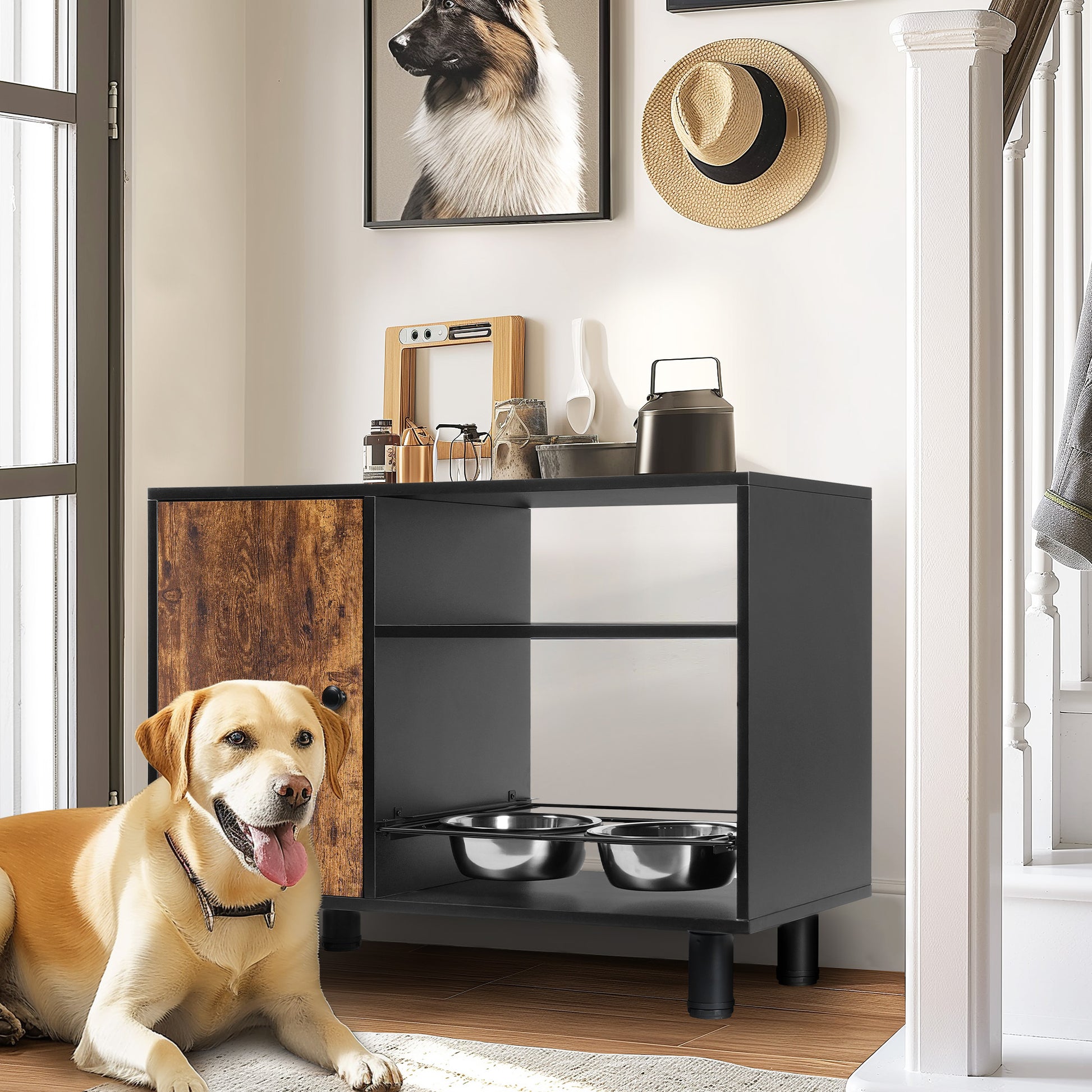 Large Pet Feeder Station, Dog Food Storage Cabinet With Stainless Steel Double Pull Out Raised Dog Bowls For Feeding & Watering Supplies Black Vintage American Design Particle Board