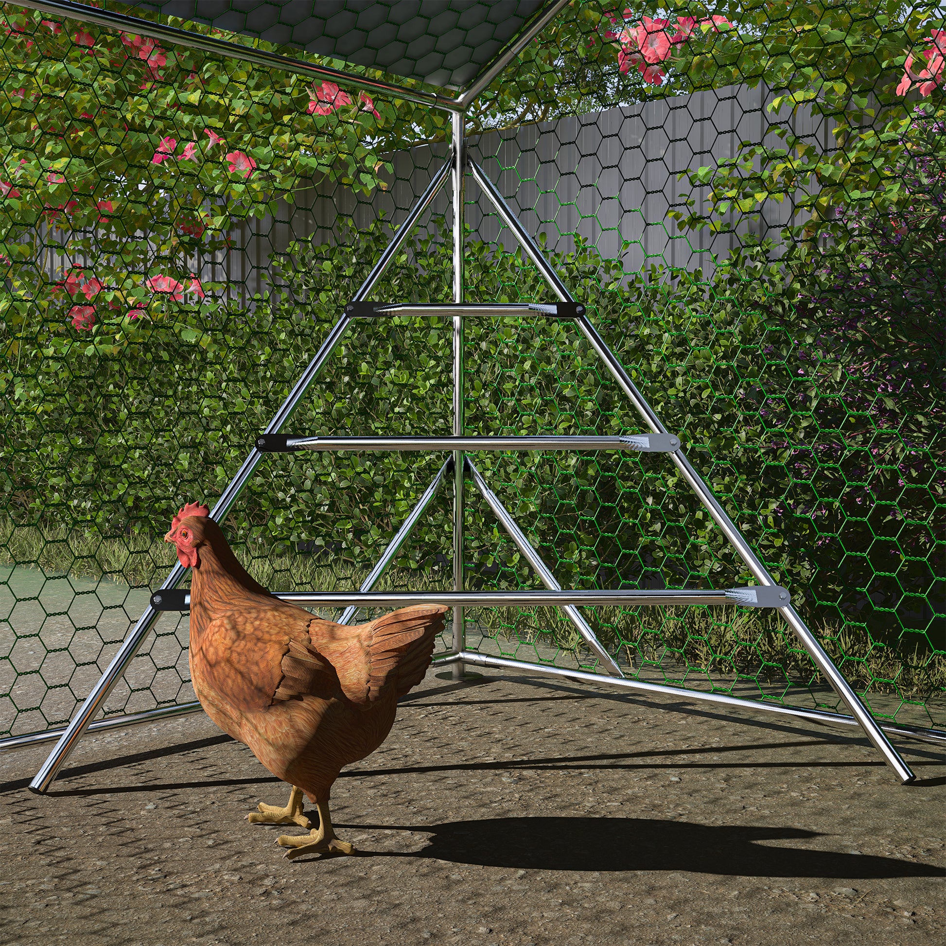 10 Ft. X 6.6 Ft. Large Metal Walk In Chicken Coop Galvanized Poultry Cage With Roosting Bar Farm Hen House Silver Metal