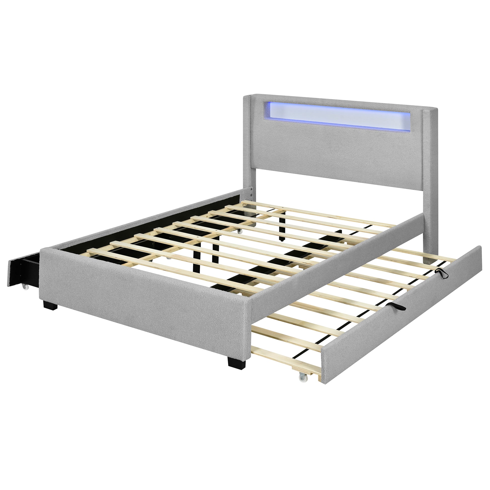 Queen Size Upholstered Platform Bed With Led Frame, With Twin Xl Size Trundle And 2 Drawers, Teddy Fleece, Gray Gray Fleece