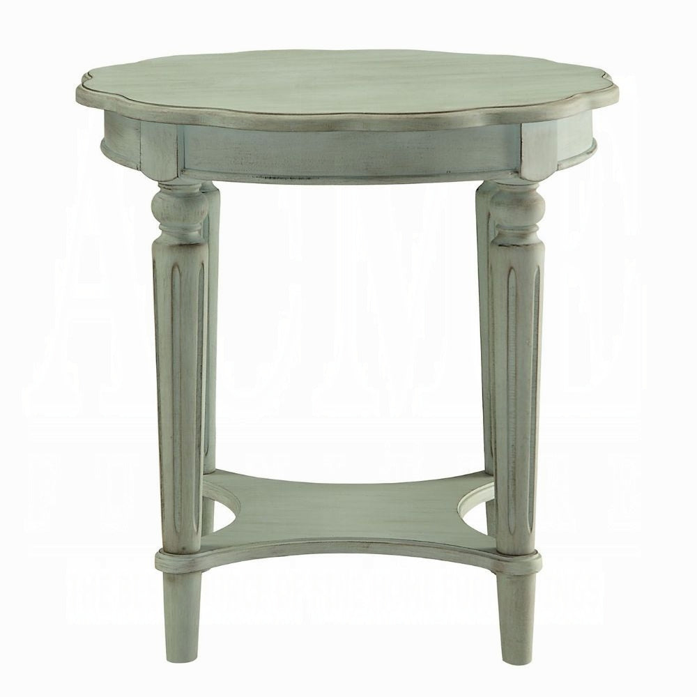 Antique Green End Table With Shelf Green Primary Living Space Shelves Round Solid Wood Mdf