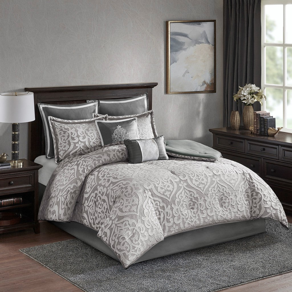 8 Piece Jacquard Comforter Set Silver Silver Queen Queen Silver Silver Polyester