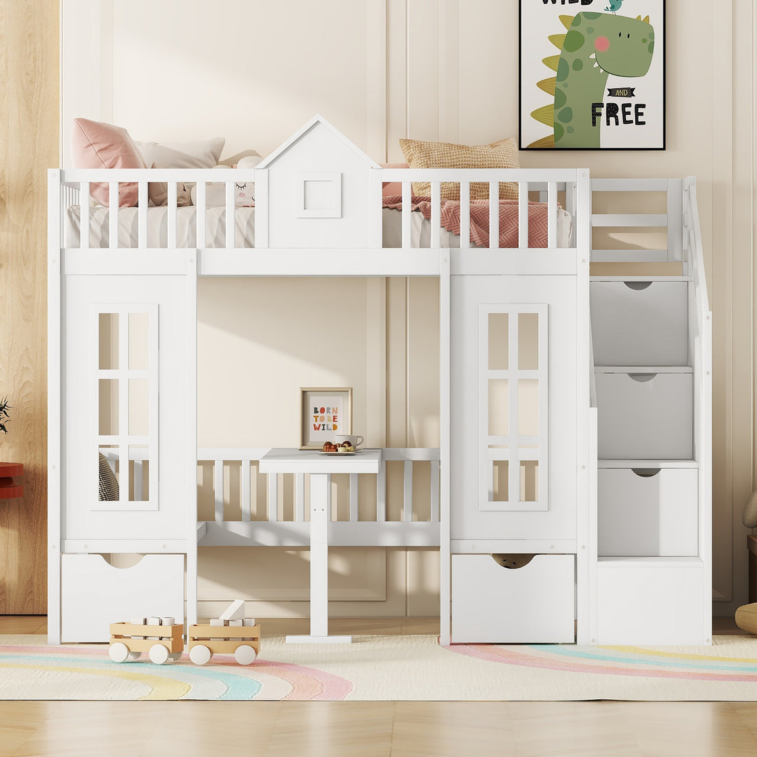 Twin Over Twin Bunk Bed With Changeable Table, Bunk Bed Turn Into Upper Bed And Down Desk White Twin White Solid Wood