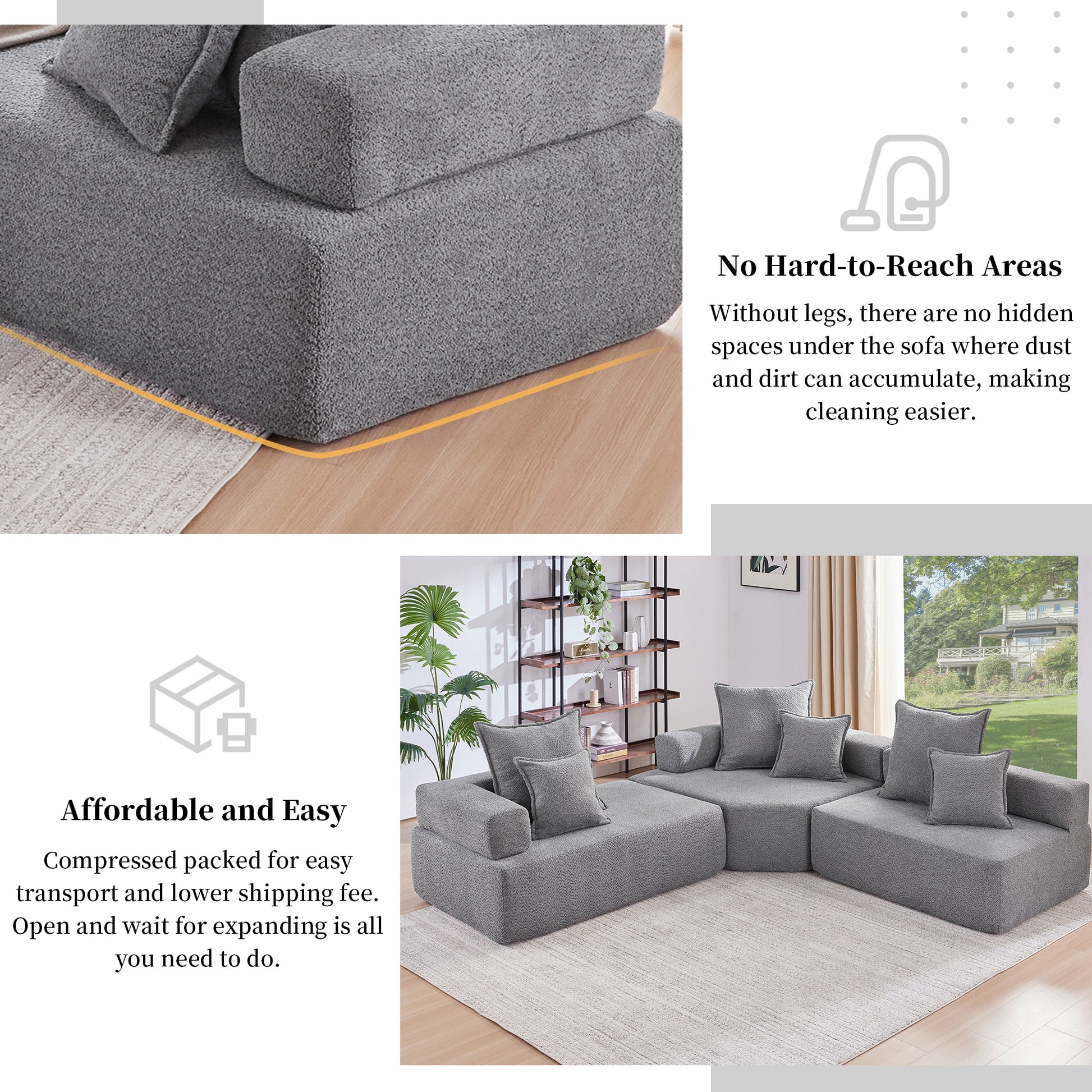 Oversized Modular L Shaped Sectional Sofa,Luxury Boucle Floor Couch Set,Convertible Sleeper Couch,Spacious Foam Filled Sofa Bed For Living Room,3 Pc Free Combination,2 Colors Gray Boucle 5 Seat