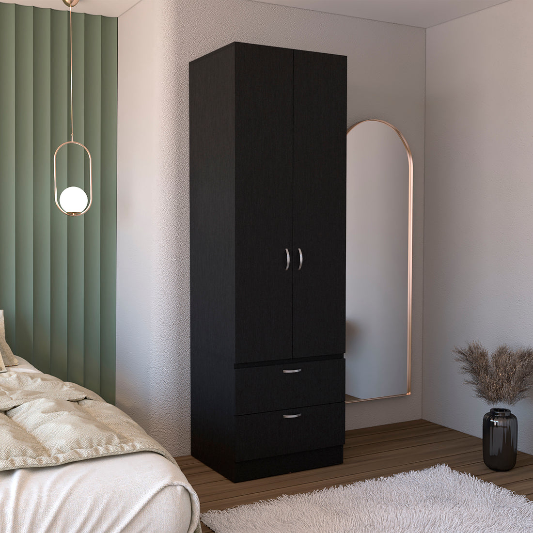 Vico Armoire Wardrove 76" H, Hanging Rod, 2 Drawers, 1 Shelf, Black Black Solid Wood Mdf Engineered Wood