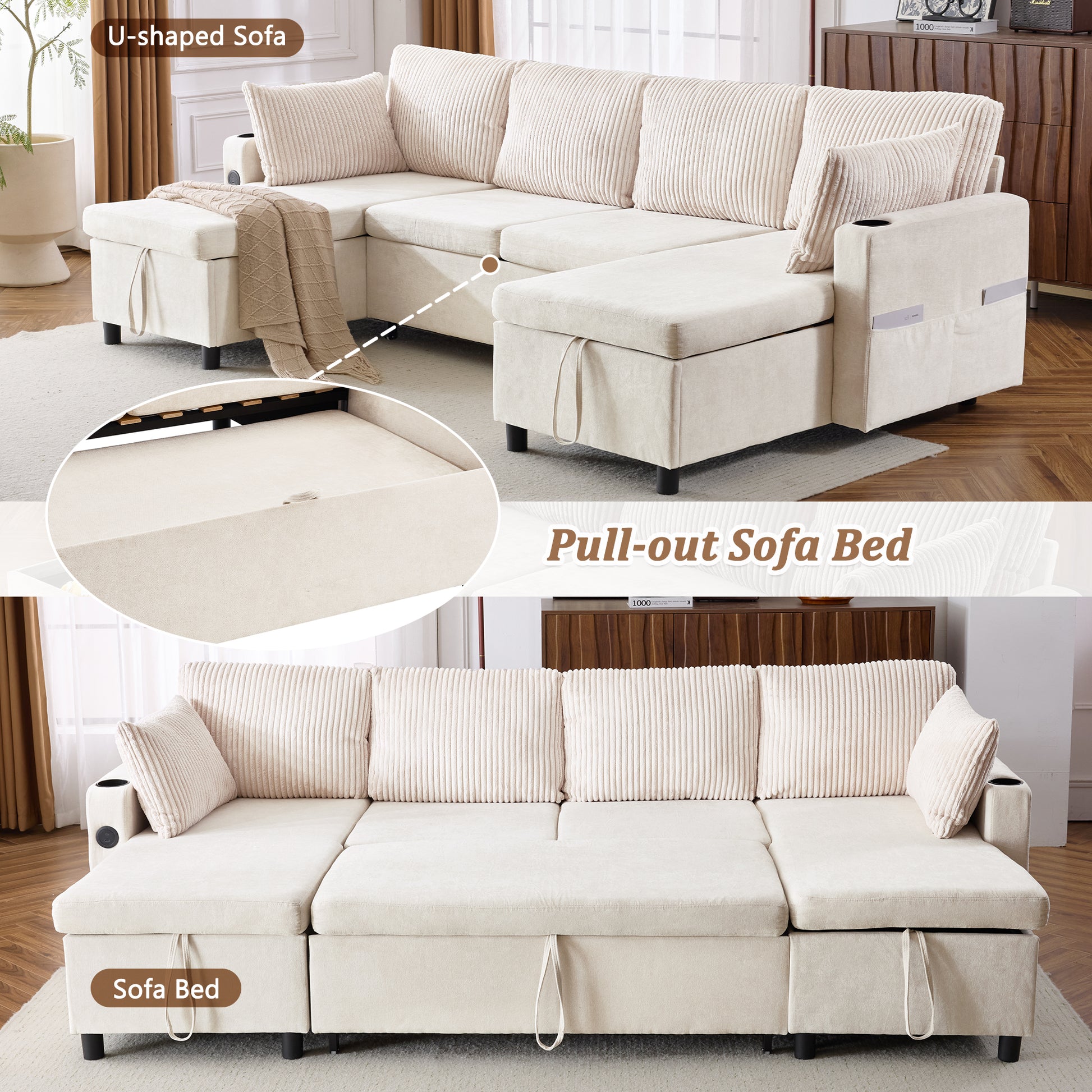 111.8" Sectional Sofa Pull Out Sofa Bed Versatile Sofa Sleeper With Large Storage Space, Two Usb Ports And Two Cup Holders For Living Room, Beige Beige Foam Chenille 4 Seat