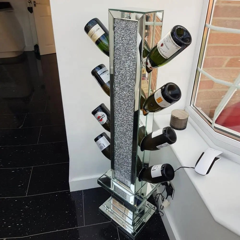 Uk Style S Crushed Diamond Floating Silver Mirrored Wine Bottle Holder Silver Dining Room Art Deco,Luxury,Modern Mdf Glass,Mirror