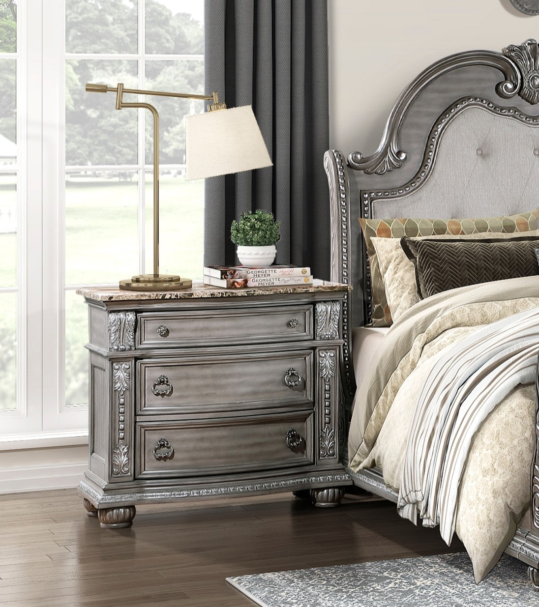 Traditional Style 1Pc Luxurious Nightstand Of 3 Drawers Marble Top Gray Finish Silver Tipping Wooden Bedroom Furniture Gray 3 Drawers Bedroom Bedside Cabinet Luxury,Traditional Wood