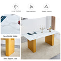 Table And Chair Set.Large Modern Rectangular Table With 0.4 Inch Patterned Glass Tabletop And Large Mdf Table Legs.Comes With 8 Chairs With Faux Leather Cushioned Seats And Golden Metal Legs. Gold White Seats 8 Mdf Glass