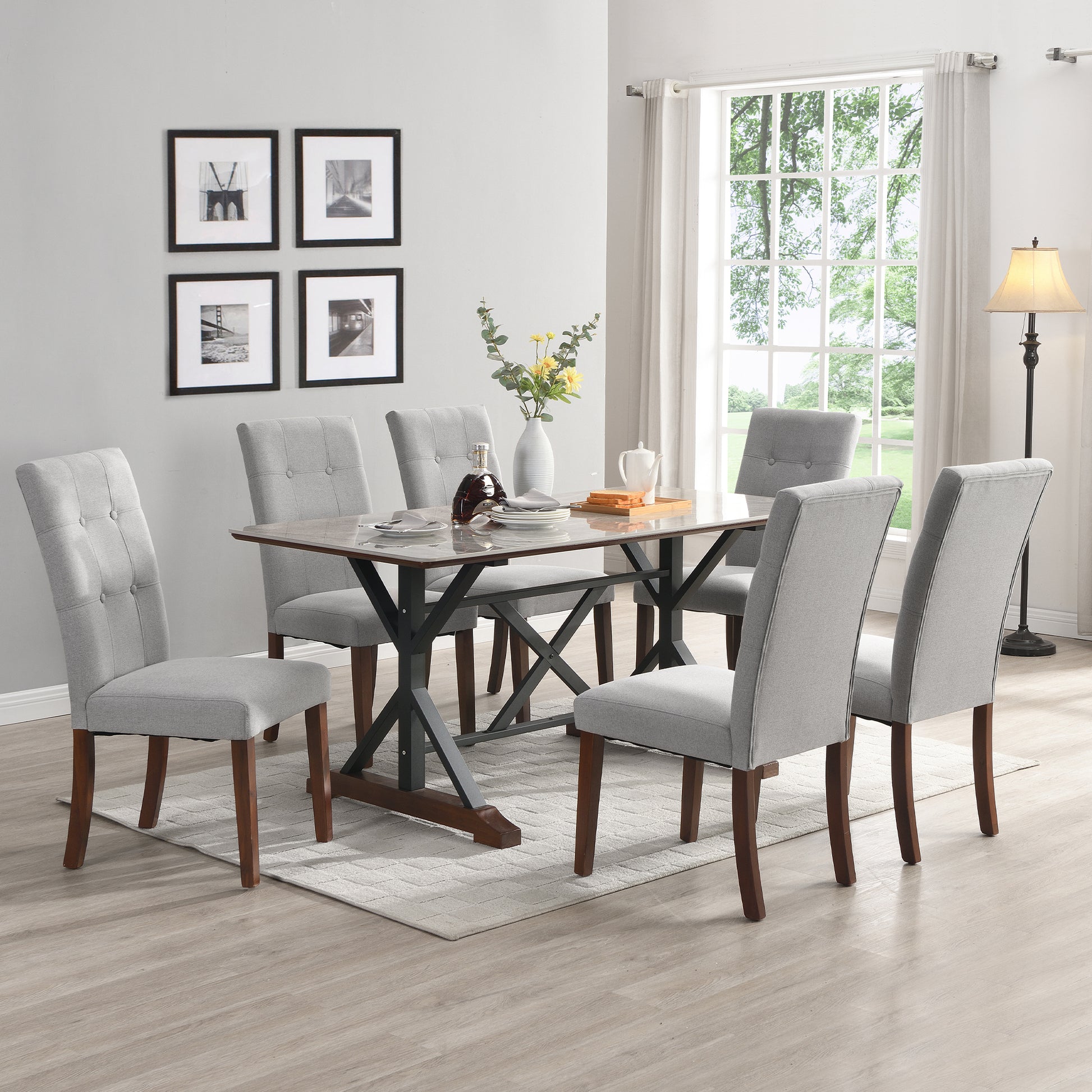 Modern Dining Table For 6 8, 7 Piece Kitchen Dining Table Set, Gray Sintered Stone Dining Table With 6 Tufted Upholstered Chairs, 63 Inch Rectangle Dining Table For Dining Room 1 Table 6 Chair Gray Farmhouse,Mid Century Modern,Modern Sintered Stone