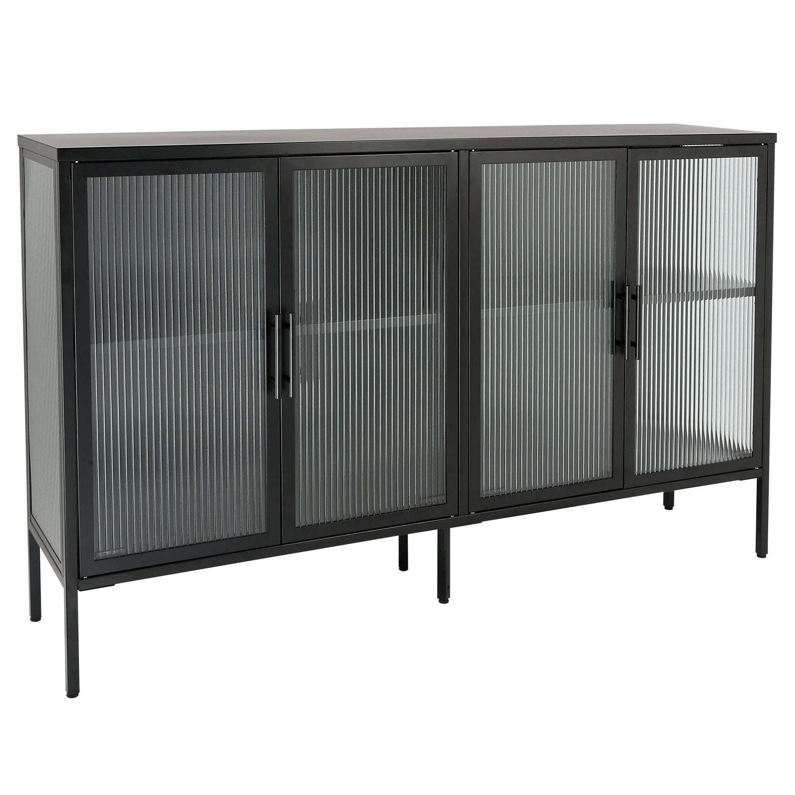 Stylish 4 Door Tempered Glass Cabinet With 4 Glass Doors Adjustable Shelf And Feet Anti Tip Dust Free Fluted Glass Kitchen Credenza Black Black Tempered Glass Sheet Metal Plastic