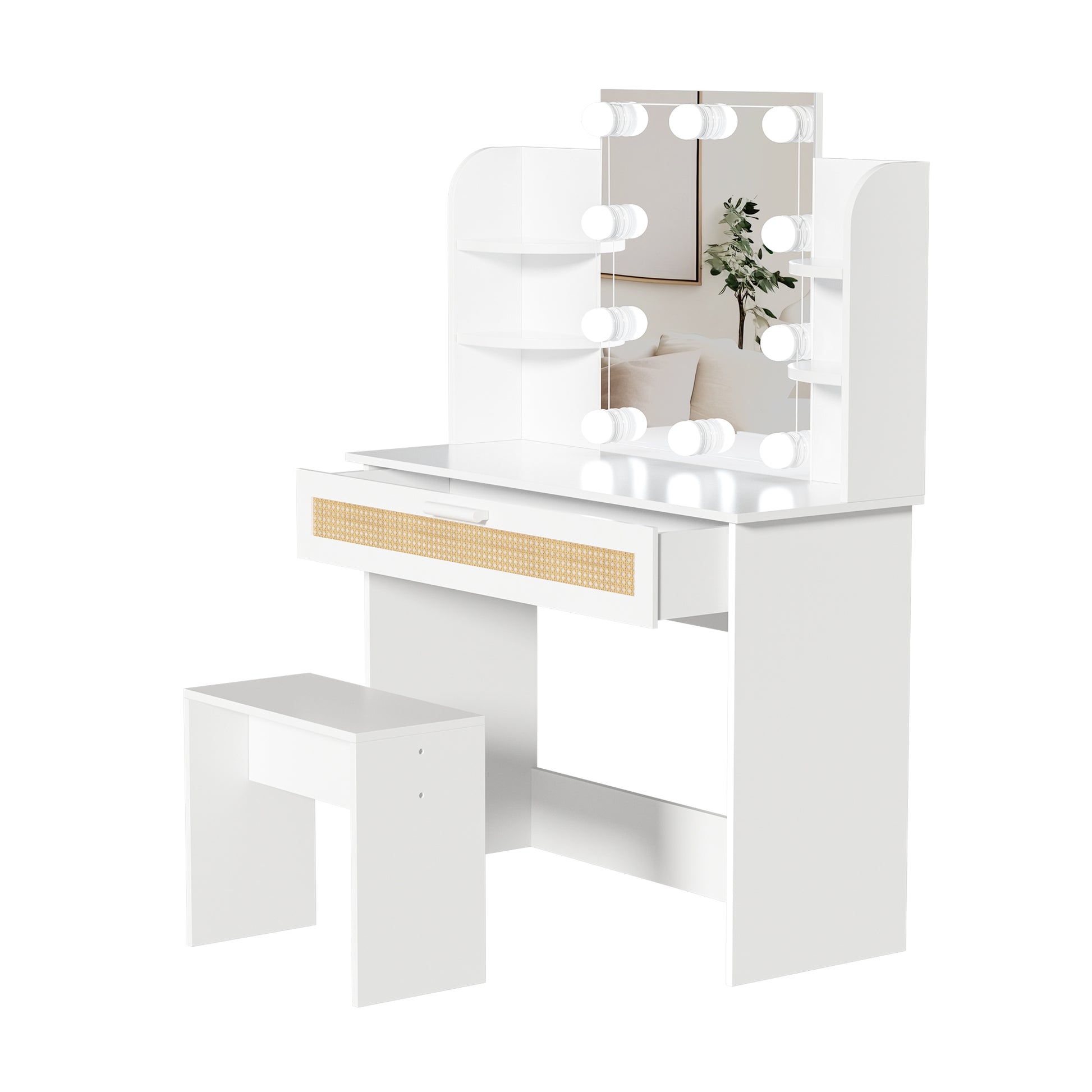 Vanity Desk Set Stool & Dressing Table With Led Lighting Mirror Drawer And Compartments Modern Wood Cosmetic Table Chest Of Drawers White Color Gloss White White 1 Drawer Bedroom Wood