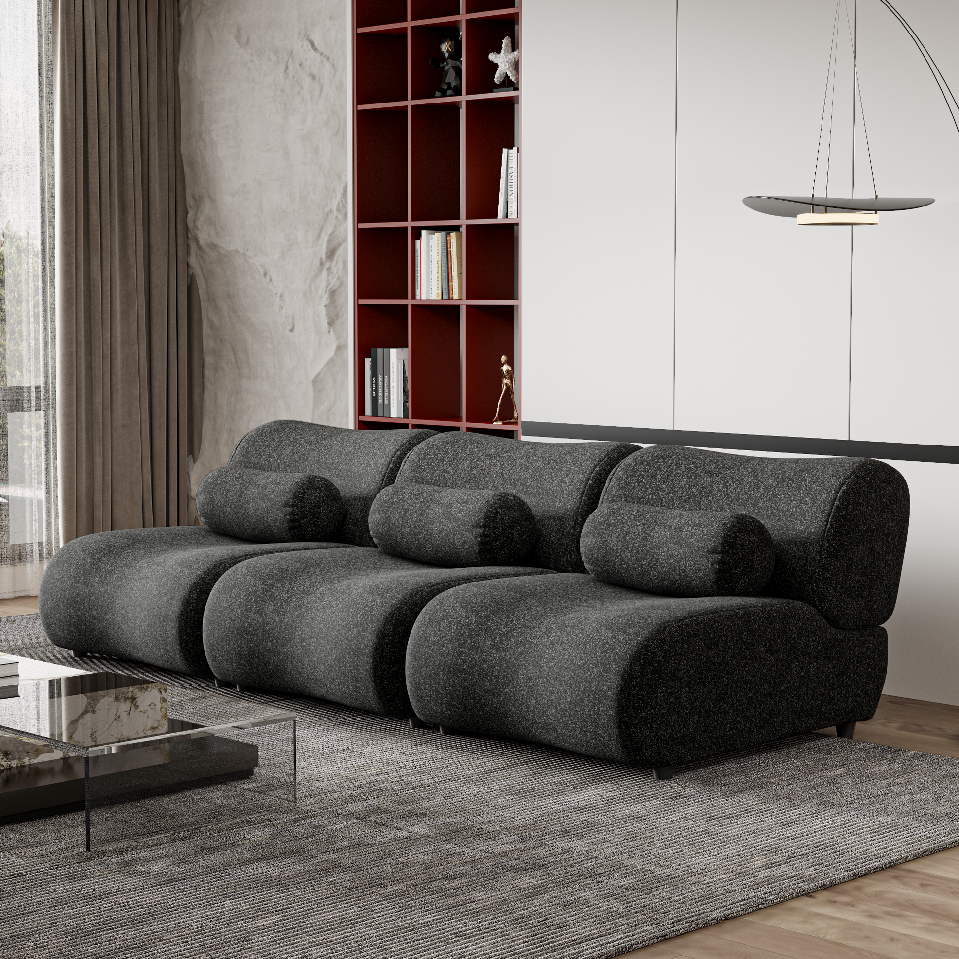 Modern Black Chenille Sofa Set 3 Seat Modular Sectional Couch With Cylindrical Pillows For Living Room Stylish & Comfortable Furniture Black Chenille 3 Seat