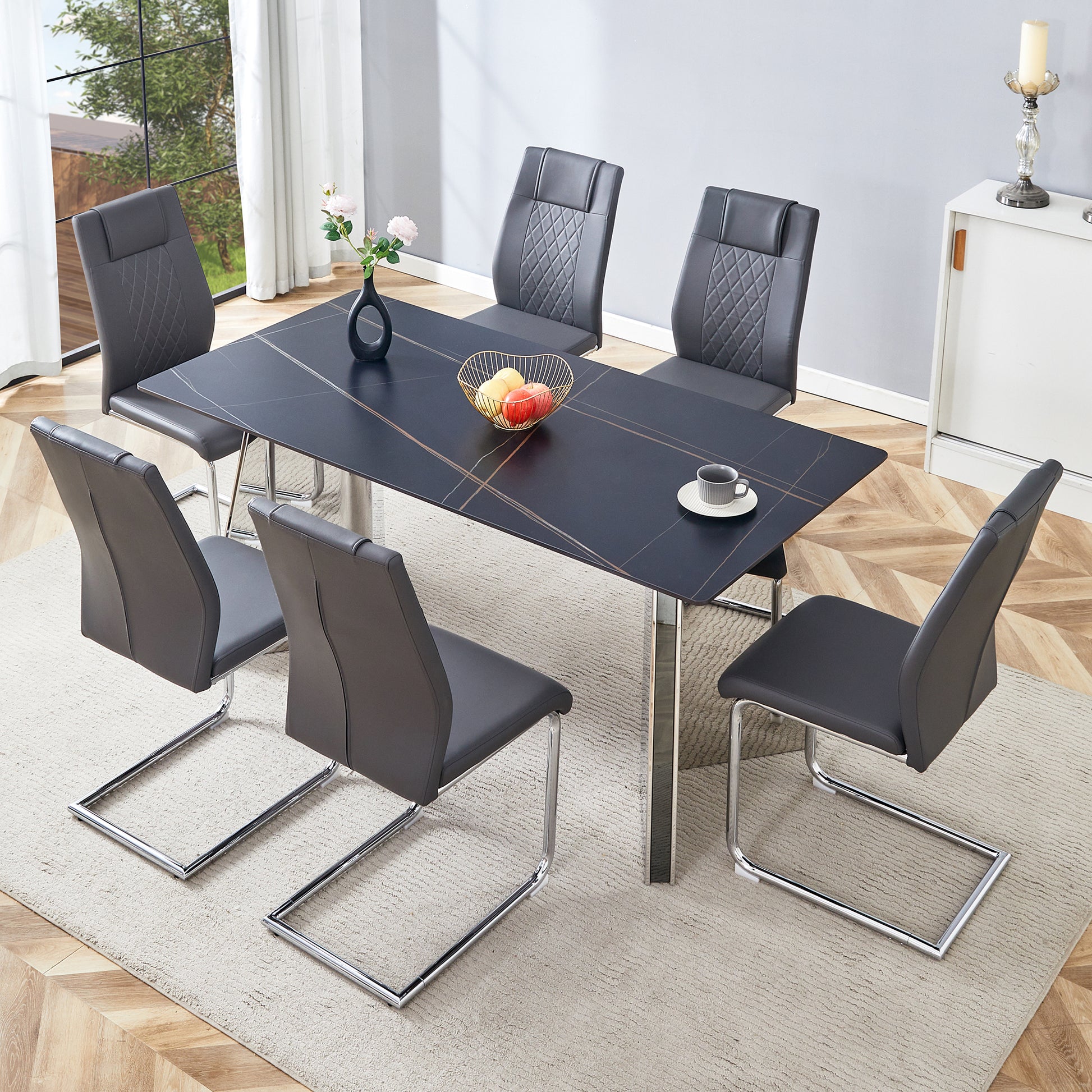 Table And Chair Set.63"X31.5X30" Black Marble Patterned Slabs Tabletop With Stainless Steel Butterfly Legs.Paried With 6 Dark Gray High Quality Pu Chairs With Silver Metal Legs. Dark Gray,Silver