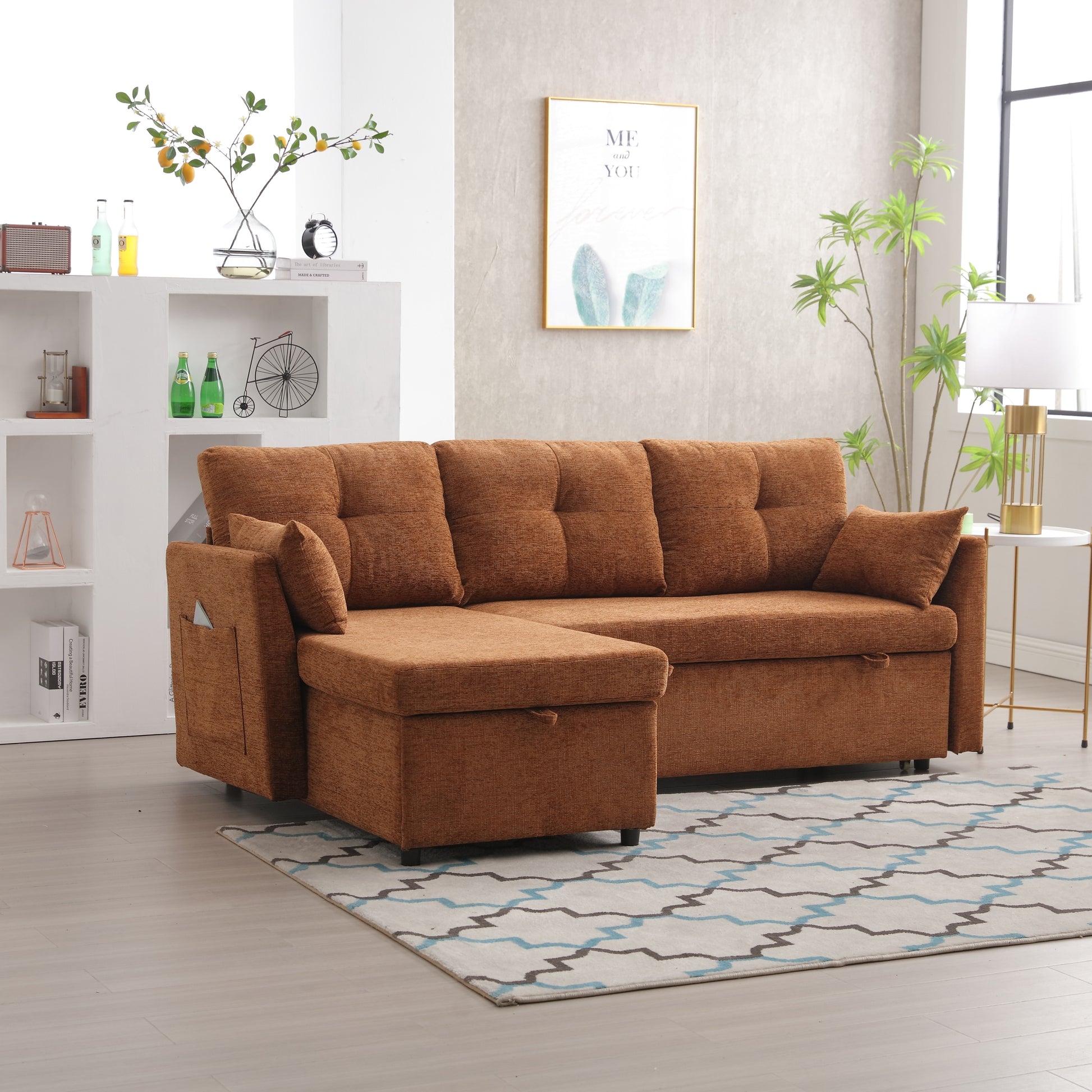 United We Win Furniture, Modular L Shaped Sofa, Modular Long Sofa With Reversible Chaise Lounge, Sofa Bed, Sleeper Sofa, Modular Sofa Combination With Storage Seats. Brown Chenille 3 Seat