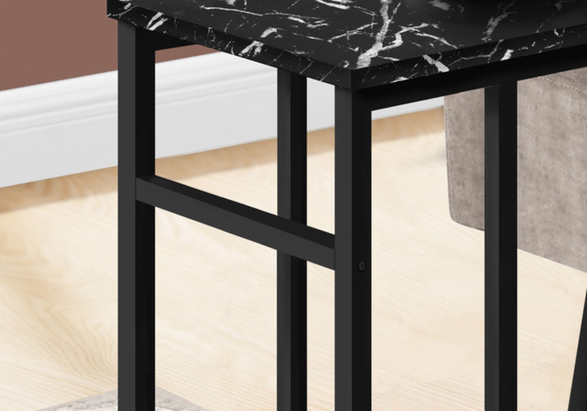 Accent Table, C Shaped, End, Side, Snack, Living Room, Bedroom, Black Marble Look Laminate, Black Metal, Contemporary, Modern Black Particle Board