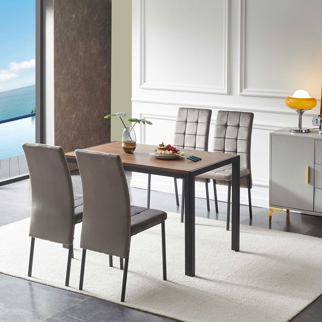 5 Piece Dining Set Including Grey Velvet High Back Nordic Dining Chair & Creative Design Mdf Dining Table Walnut Solid Back Seats 4 Brown Metal Dining Room Modern Foam Dining Table With Chair Mdf