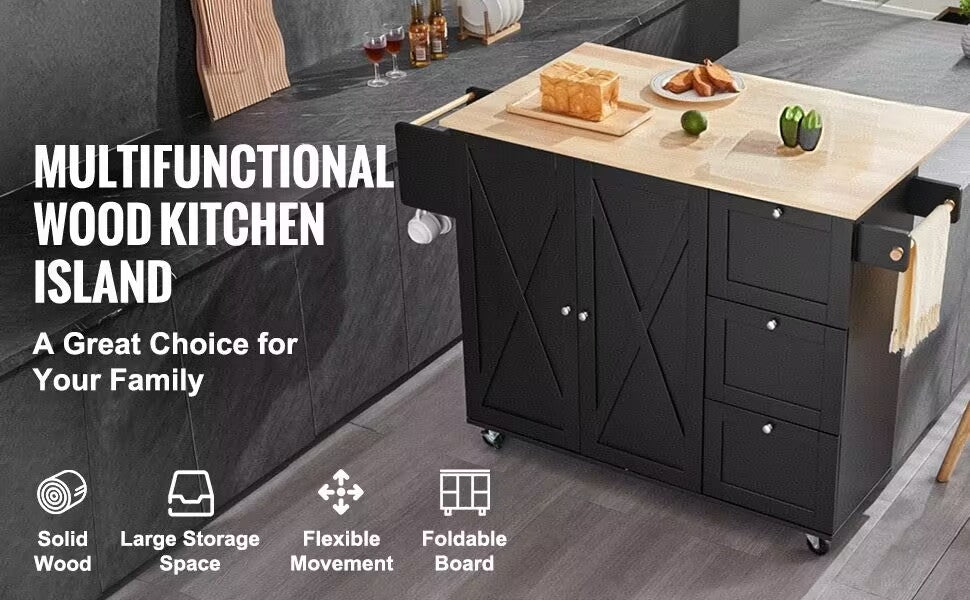 45.4" Farmhouse Black Rolling Kitchen Cart On Wheels With Storage Cabinet, Mobile Kitchen Island Cart With Drop Leaf Top, Spice Rack, Towel Bar, Adjustable Shelf, Drawers And Hooks Black Kitchen Rustic Rectangular Kitchen Carts Mdf Medium 40 55In