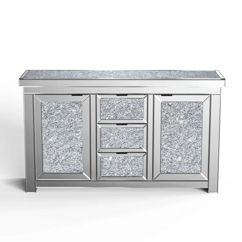 57" Wide 3 Drawer Mirrored Glass Sideboard Silver Kitchen Luxury,Modern Cabinets Included Mdf Glass,Mirror