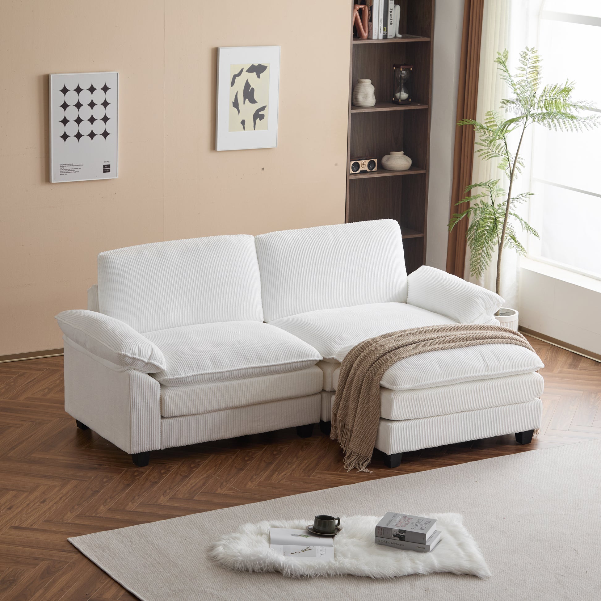 Modular Sectional Sofa With Movable Ottoman,L Shaped Corduroy Fabric Couch With High Supportive & Soft Sponges And Removable Ottoman, Sleeper Comfy Upholstered Furniture For Living Room Beige Beige