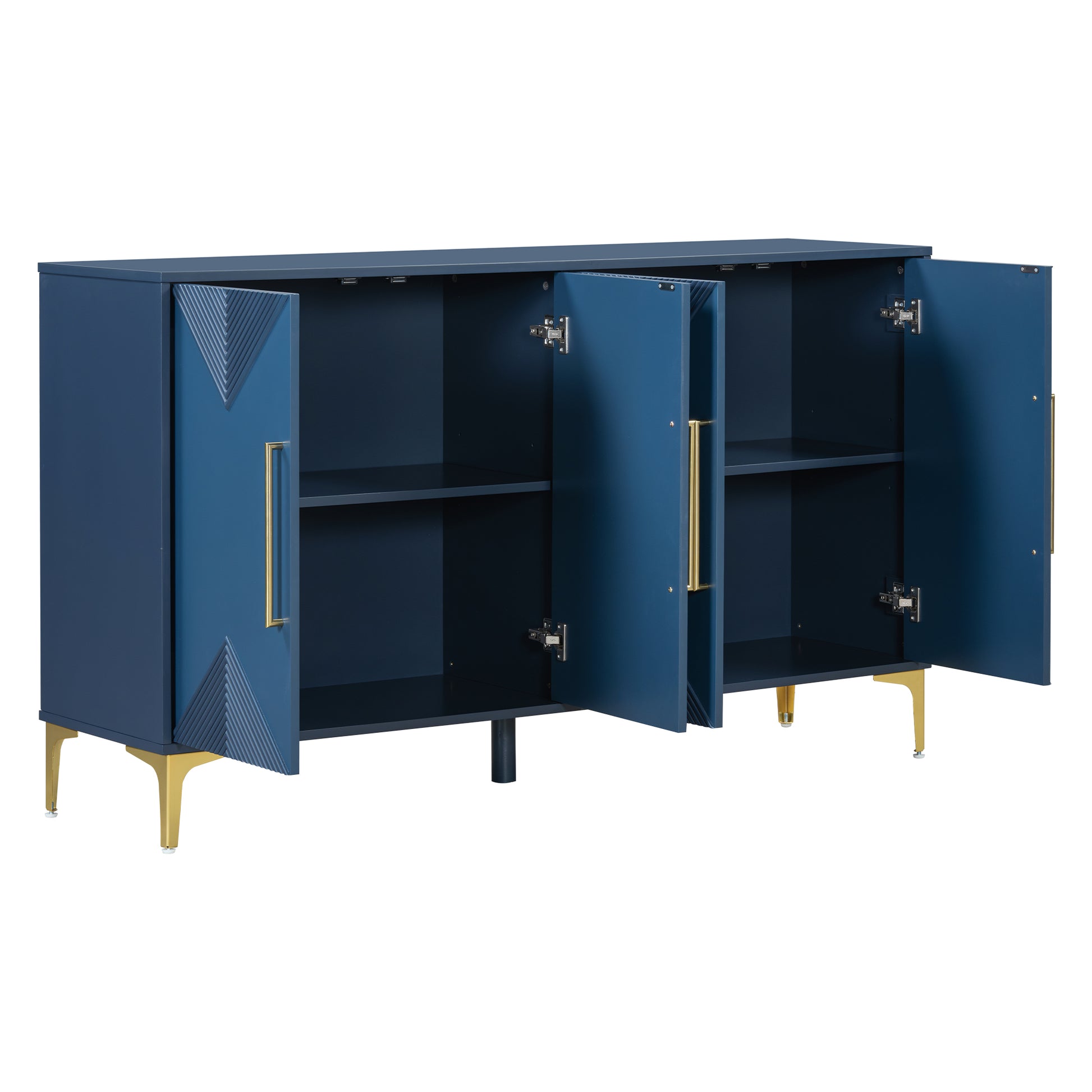 Unique Features Of A Four Door Cabinet With Two Tone Triangular Pattern Doors, Suitable For Entryway, Hallway, Living Room 3 4 Spaces Navy Blue Primary Living Space Adjustable Shelves Artsy,Contemporary Mdf