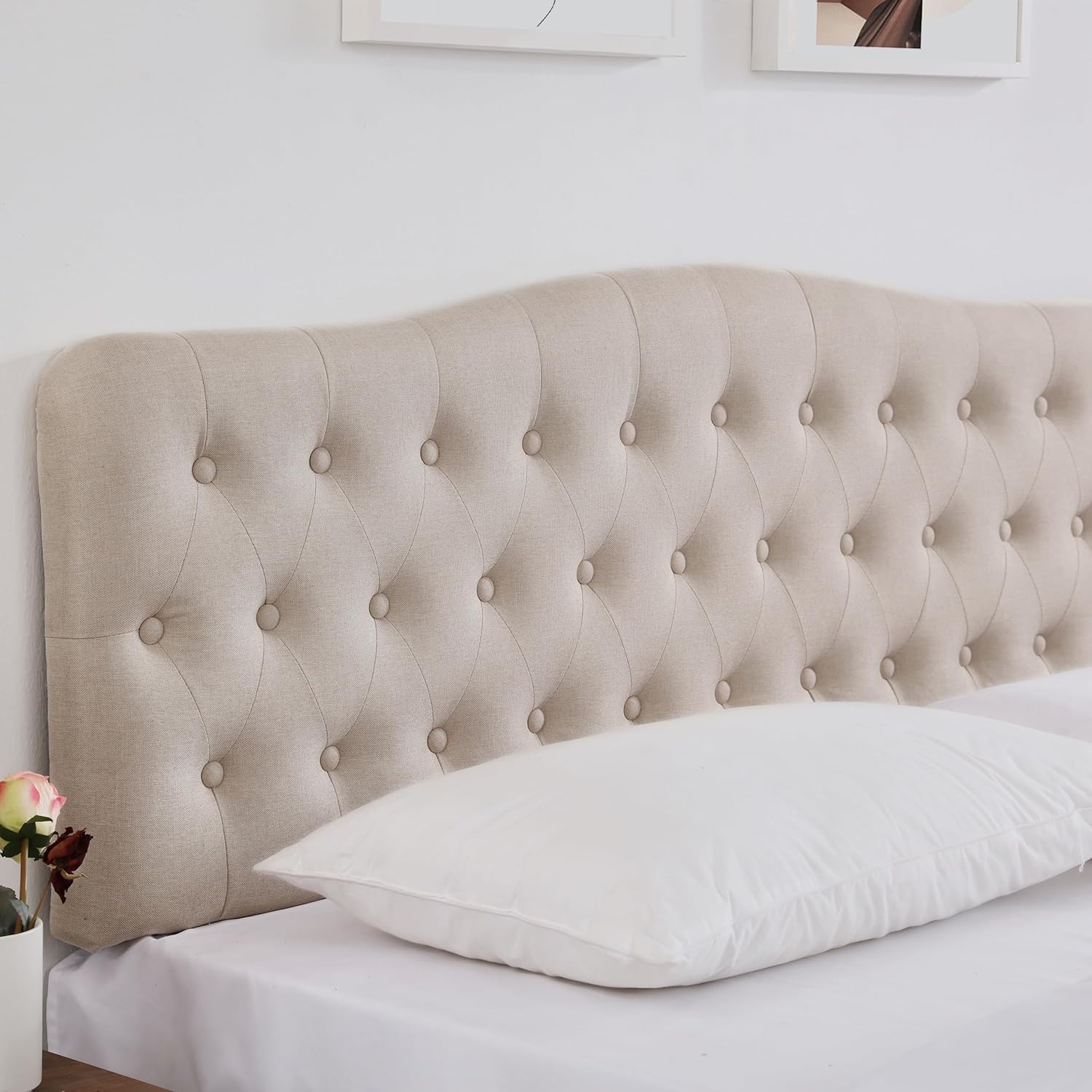 Upholstered Full Headboard, Button Diamond Tufted Headboard With Adjustable Height And Solid Wood Leg, Linen Fabric Padded Headboard For Full Size Bed, Mordern Head Board, Beige Full Grey Bedroom Bed Frame Linen Fabric Metal