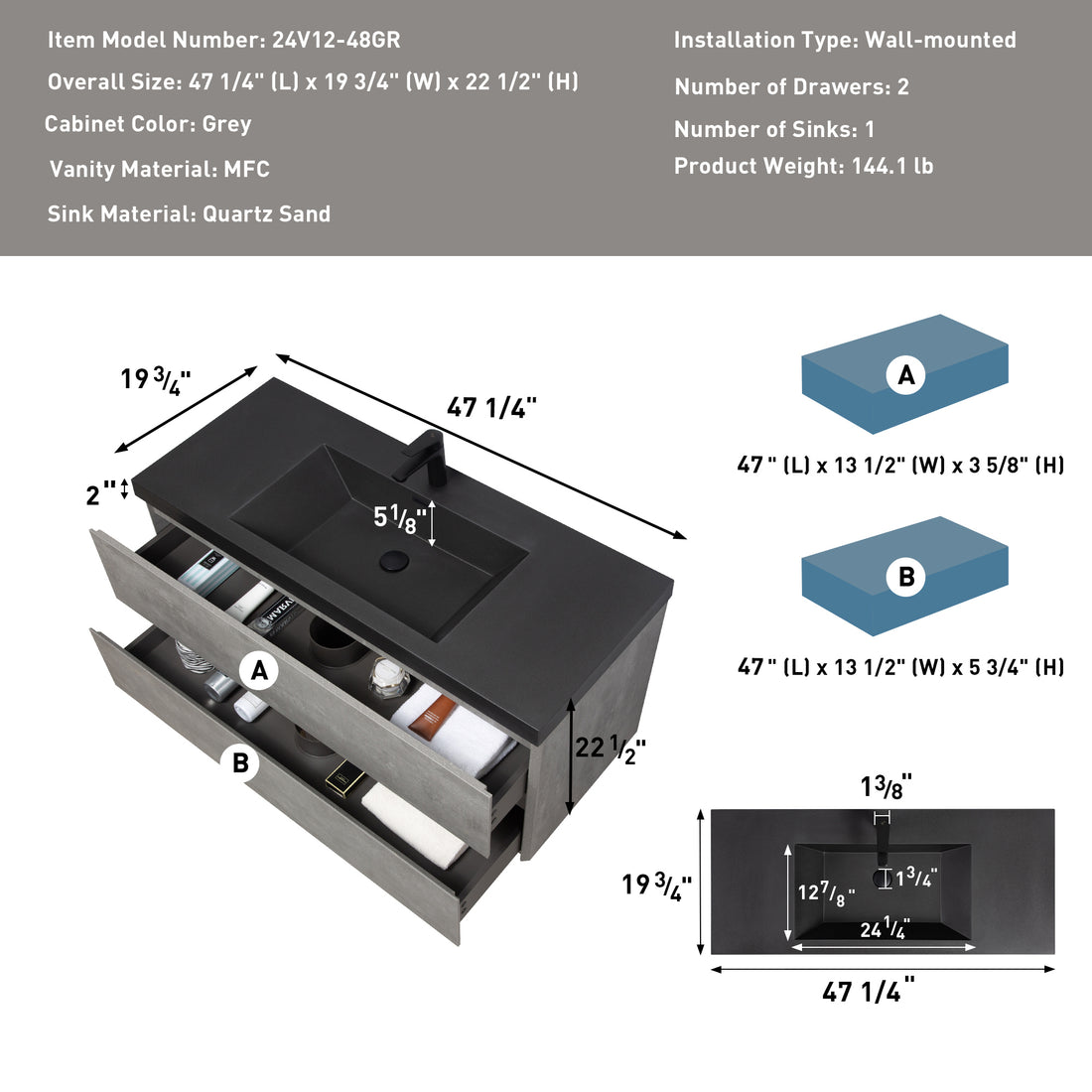 48" Floating Bathroom Vanity With Sink, Modern Wall Mounted Bathroom Storage Vanity Cabinet With Black Quartz Sand Top Basin And Soft Close Drawers, 24V12 48Gr Grey 2 Grey Plywood
