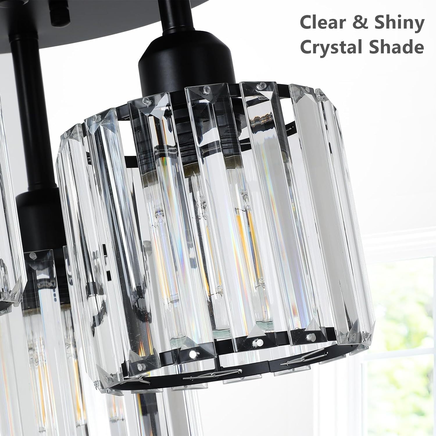 Crystal Semi Flush Mount Ceiling Light,3 Light Modern Close To Ceiling Light Fixtures,Black Kitchen Light Fixtures With Clear Crystal Shade,Hallway Light Fixtures For Hallway Bedroom Bathroom Black Crystal