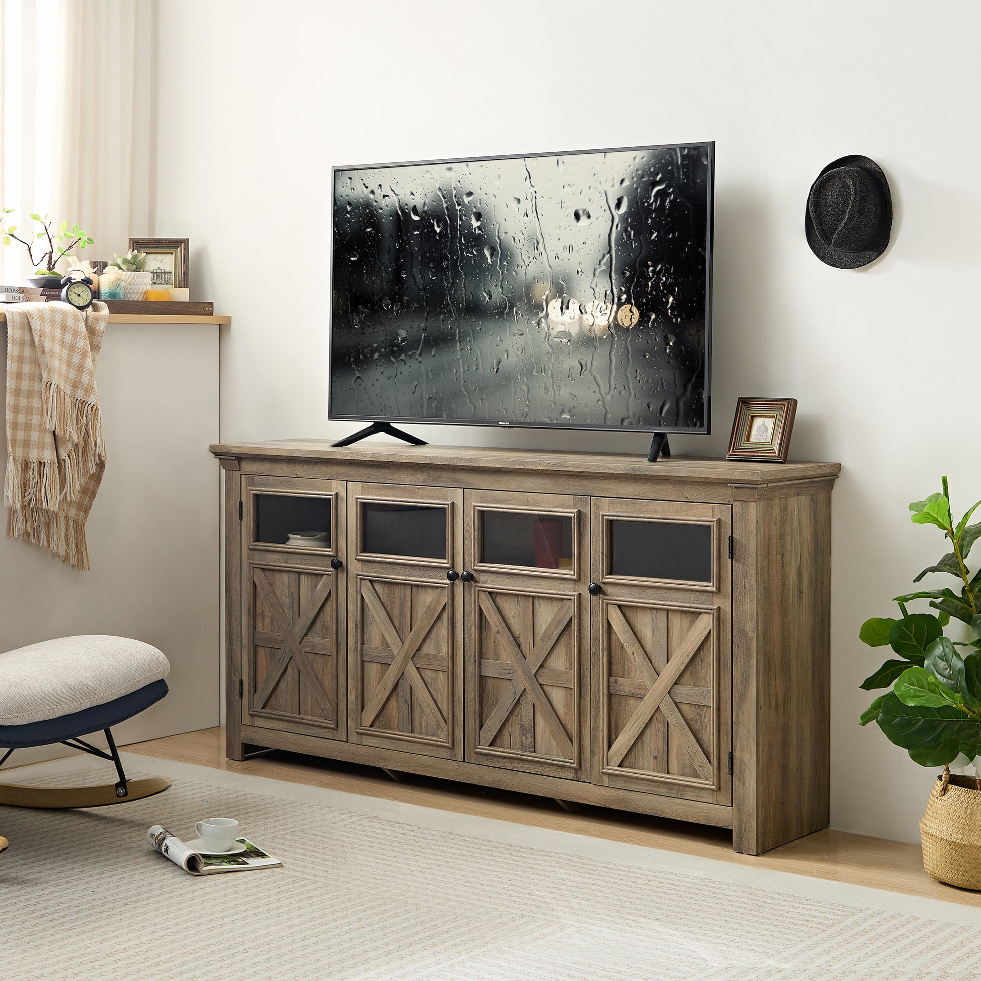 Farmhouse Sideboard Buffet Cabinet With Storage With 4 Doors, Kitchen Storage Cabinet, Coffee Bar Cabinet With Adjustable Shelf For Kitchen, Living Room, L68.35''*W15.35"*H34.65",Gray Wash Gray Wash