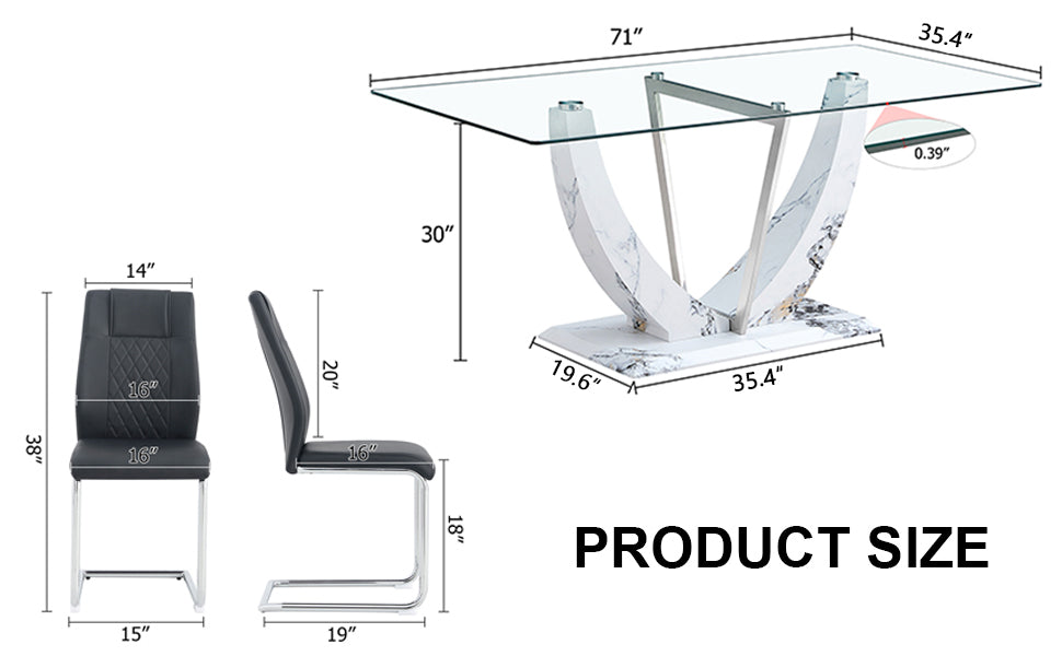 Table And Chair Set, Large Modern Rectangular Glass Table, Can Accommodate 6 8 People, Equipped With A 0.39 Inch Tempered Glass Tabletop And Mdf Table Legs.Paired With Comfortable And Soft Chairs. Black Mdf Glass