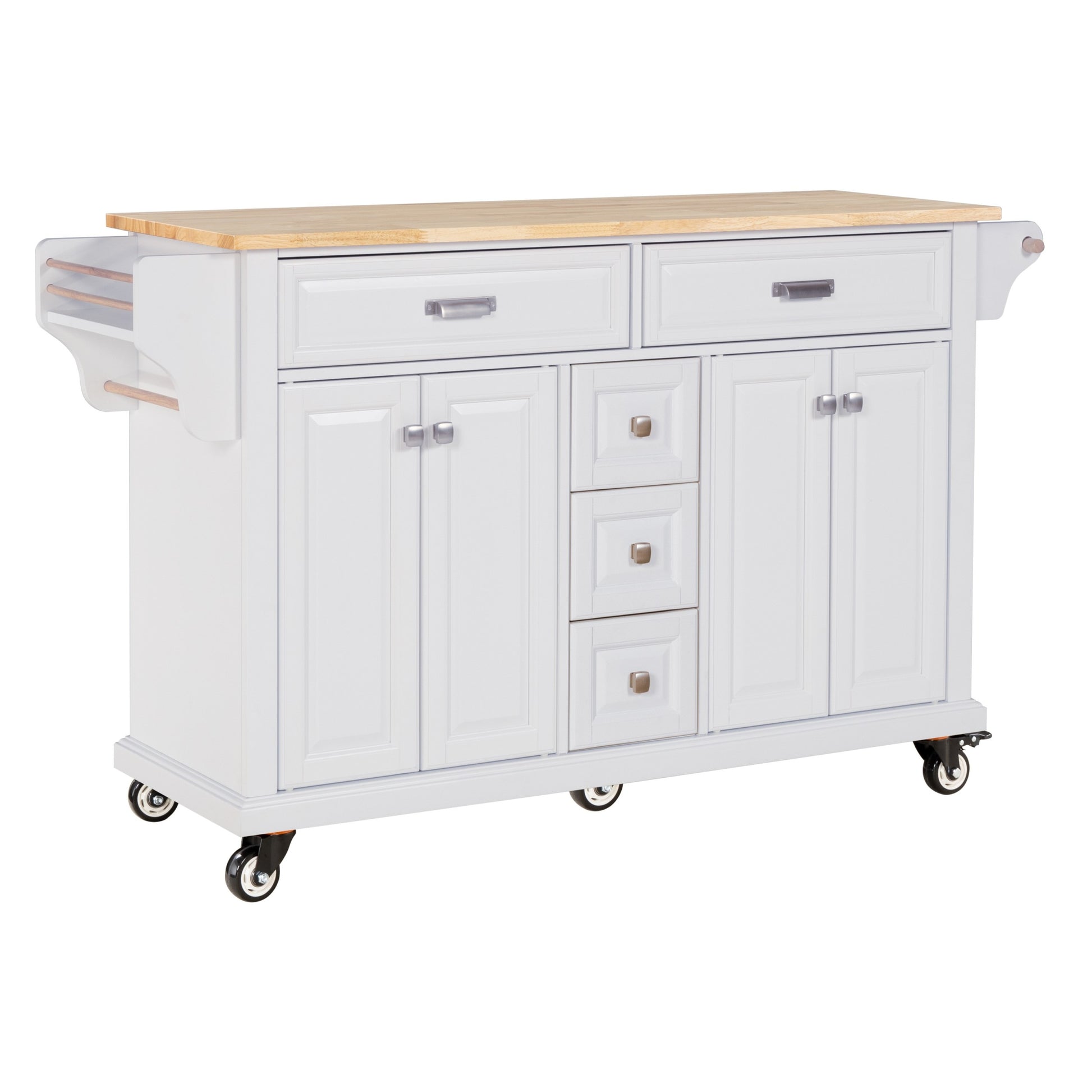 Kitchen Island With Rubber Wood Countertop, Kitchen Cart On 5 Wheels With Storage Cabinet And 5 Drawers For Dinning Room, White White Dining Room Rectangular Rubberwood Solid Wood Mdf Large 56 In