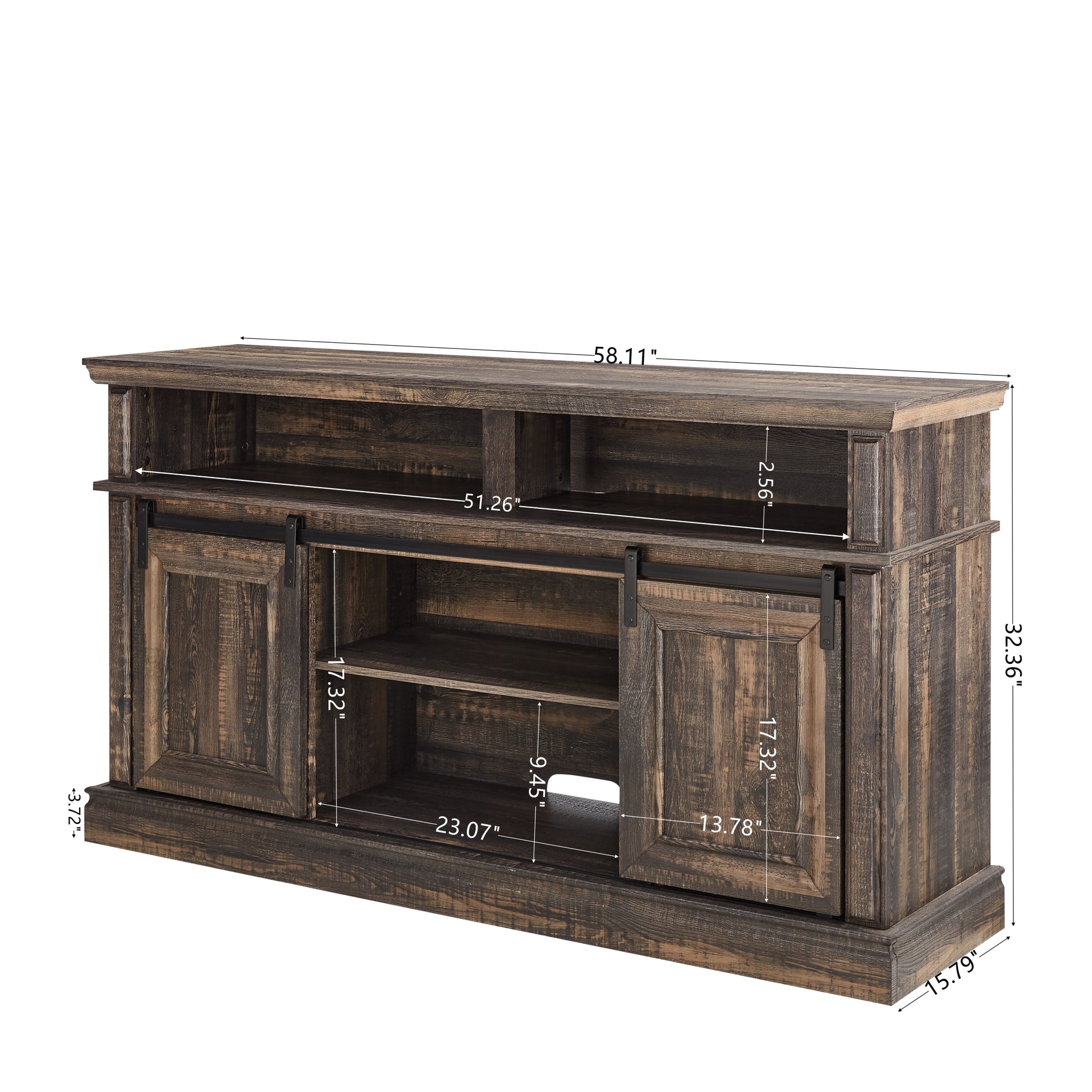 Modern Entertainment Console Tv Stand With 23" Fireplace Insert, Multipurpose Sliding Door Tv Cabinet Large Storage Space, 58.11"W*15.79"D*32.36"H Antique Brown Antique Brown 60 69 Inches 60 69 Inches 60 Inches Mdf