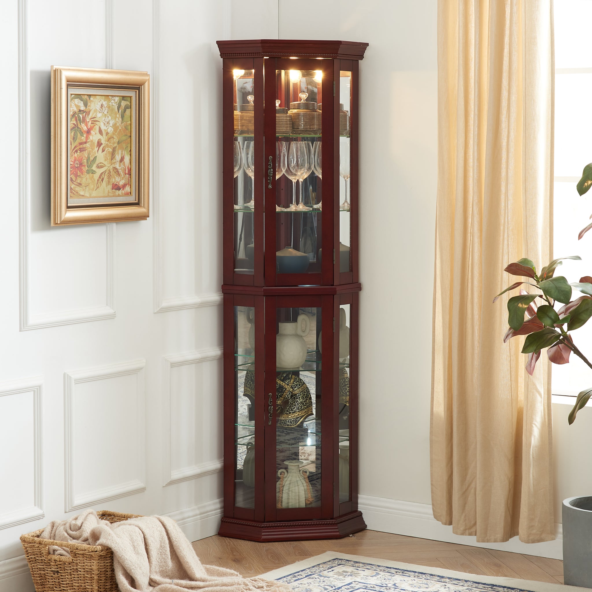 Corner Curio Cabinet With Lights, Adjustable