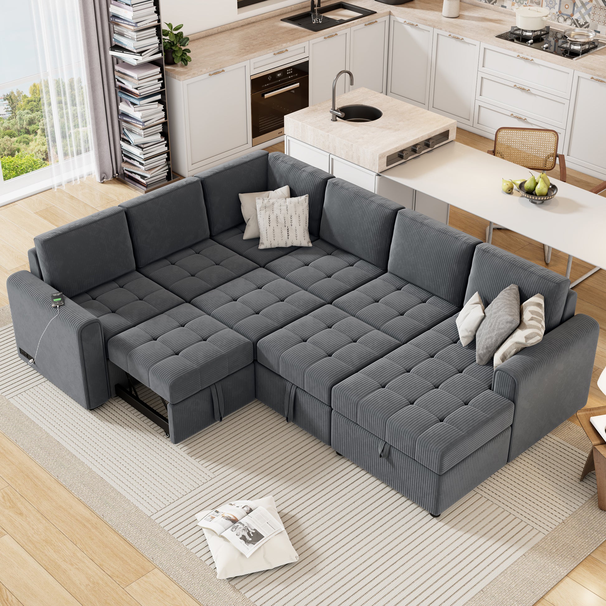 107.5" U Shaped Sofa Sectional Sofa Pull Out Sofa Bed With A Storage Chaise Lounge, Charging Devices For Living Room, Gray Gray Foam Corduroy 5 Seat