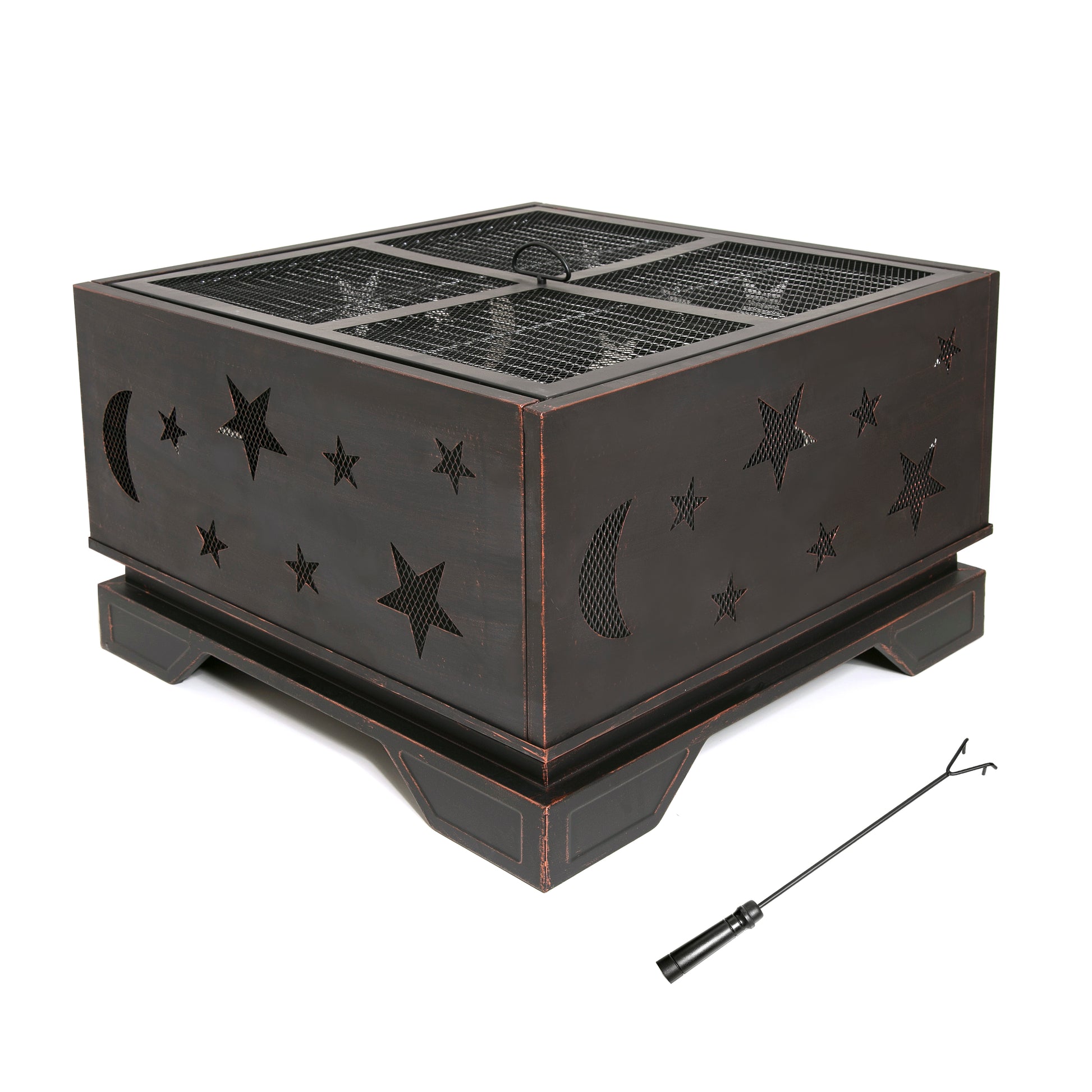 26 Inch Square Fire Pit With Bbq Grill, Outdoor Wood Burning Firepit With Poker, Large Burning Space Fireplace For Patio Garden Camping Backyard Picnic Bonfire Antique Brass Black Steel