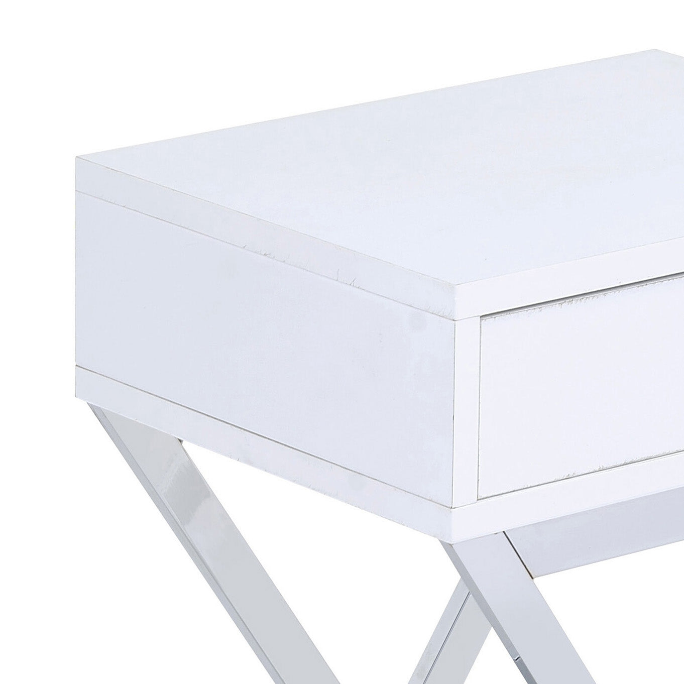 White And Chrome 1 Drawer Rectangular Accent Table White Silver Primary Living Space Modern Drawers Rectangular Wood Metal