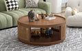 37'' Wooden Mid Century Modern Coffee Table, Round Cane Coffee Table With Pe Rattan Side For Living Room,Brown Brown Mdf