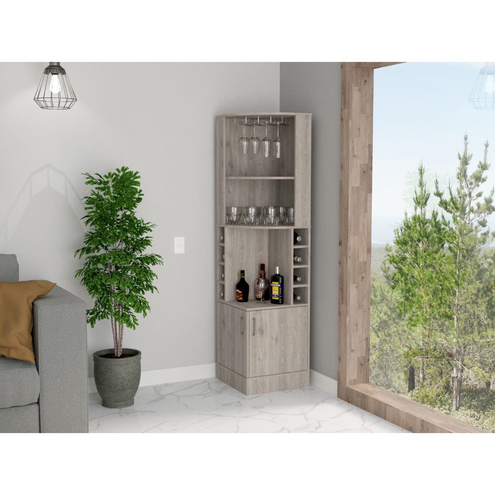 Syrah Corner Bar Cabinet, Eight Bottle Cubbies, Double Door, Two Open Shelves Light Gray Light Gray Particle Board