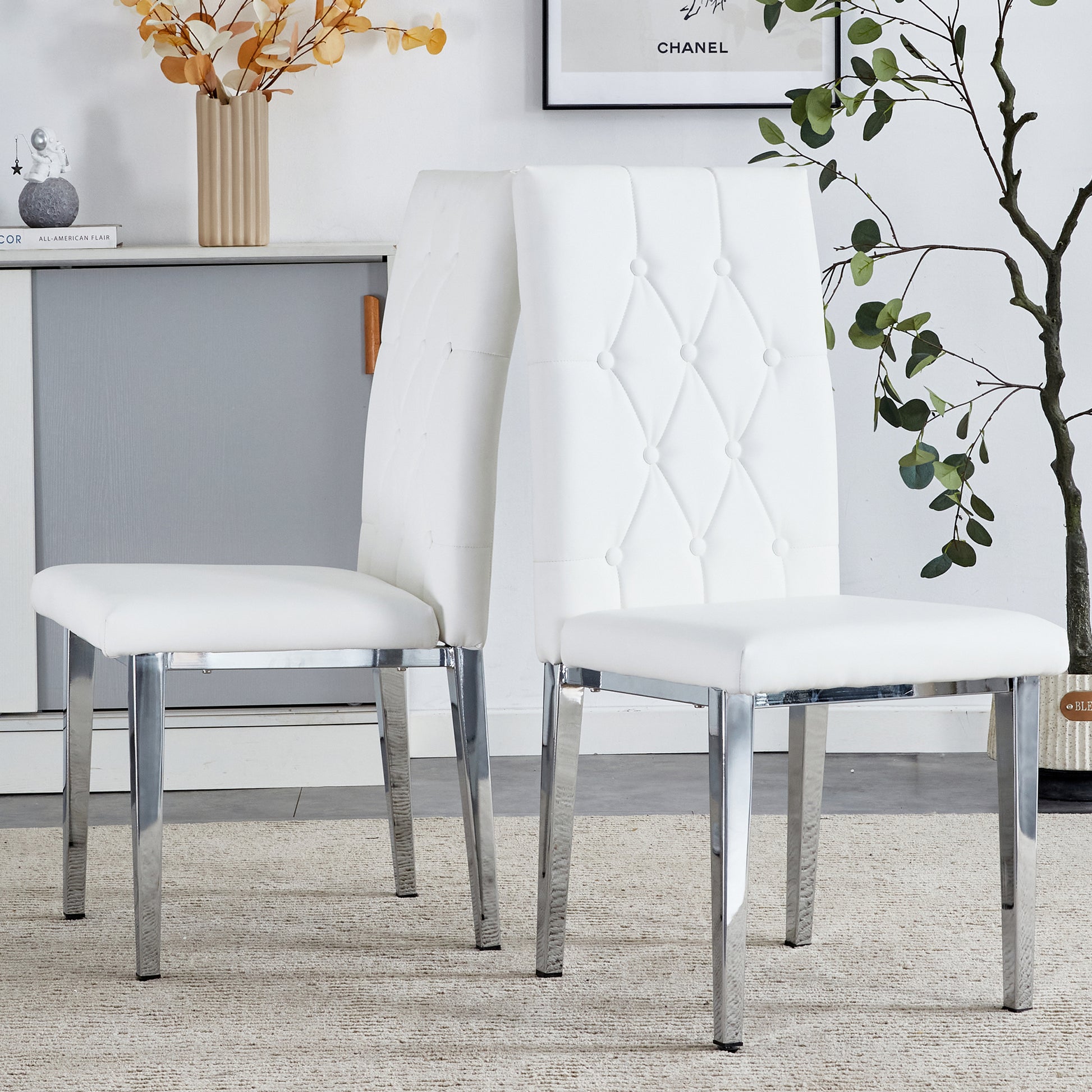 2 Piece Dining Chairs.White Armless Dining Chairs Brings A Touch Of Fresh And Bright Ambiance To The Dining Area, Seamlessly Blending With Modern Minimalist Or Nordic Decor Styles. White Pu