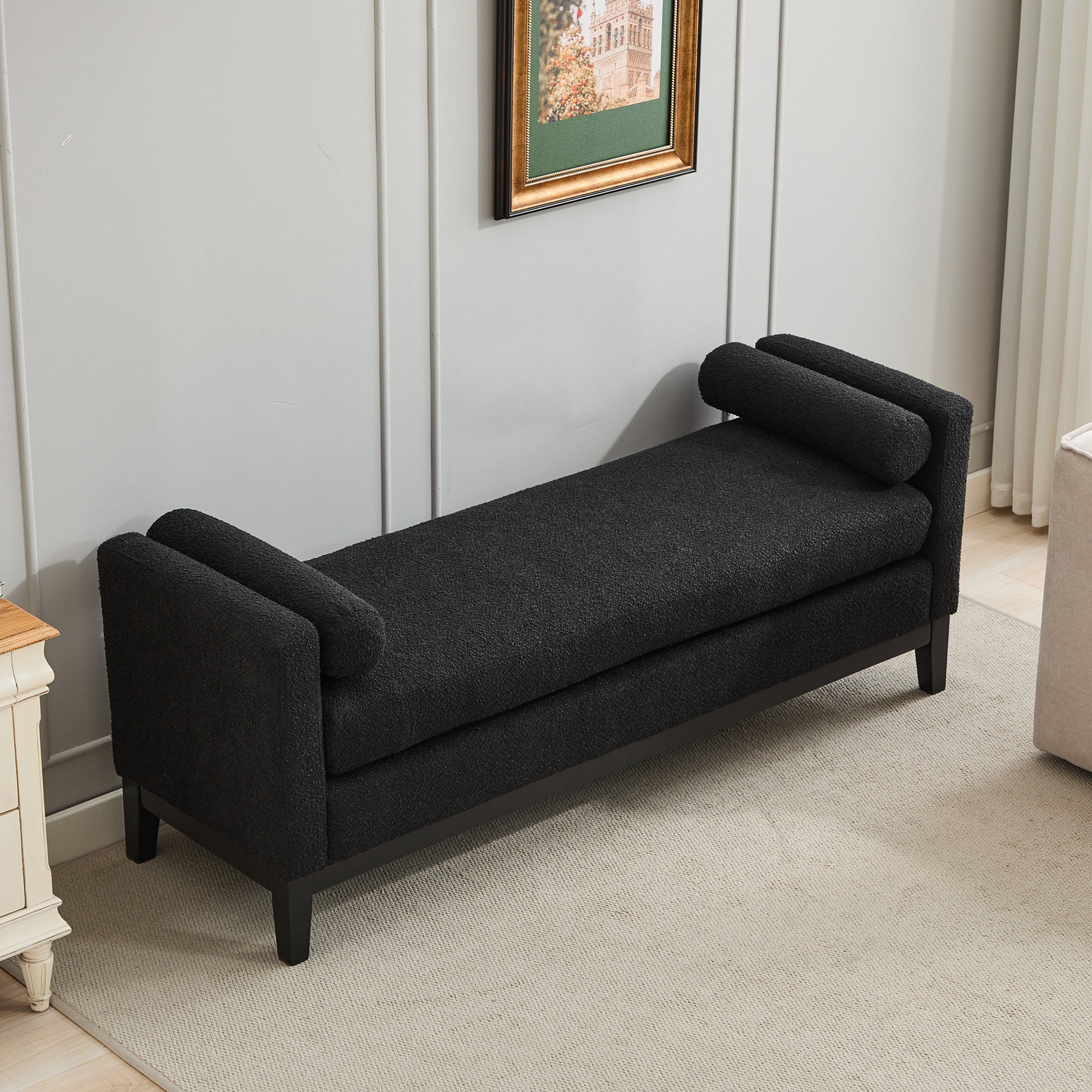 66.34"W Elegant Upholstered Bench,Daybed, Ottoman With Wood Legs & 2 Bolster Pillows For End Of Bed, Bedroom, Living Room, Entryway,Black Boucle Black Boucle