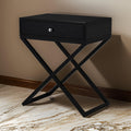 Zeno 27 Inch 1 Drawer Nightstand, Glass Top, Metal Cross Legs, Modern Black Black Silver Mdf Metal